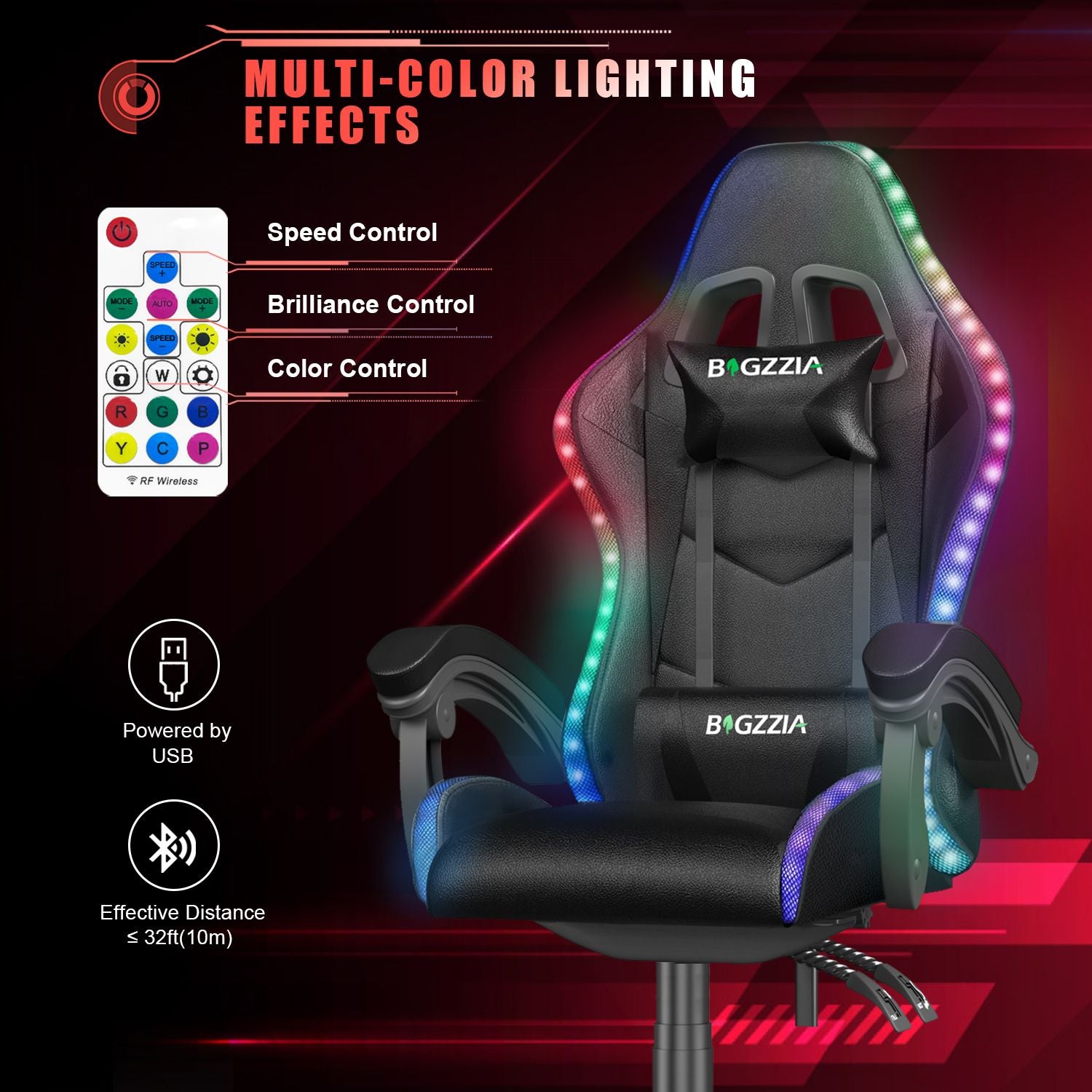 Ergonomic Gaming Chair with RGB LED Lights, Reclining, Headrest and Lumbar Support Racing Style