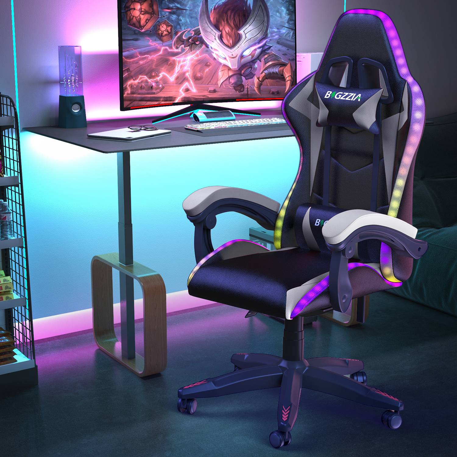Ergonomic Gaming Chair 155° Reclining Swivel Chair with Headrest, Lumbar Support PU Leather Office Chair