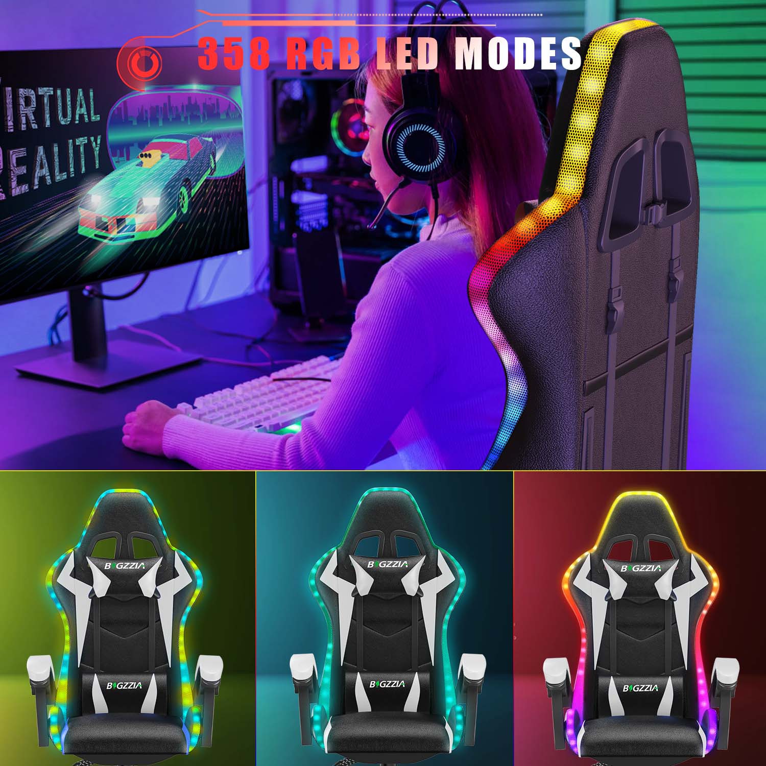 Ergonomic Gaming Chair 155° Reclining Swivel Chair with Headrest, Lumbar Support PU Leather Office Chair