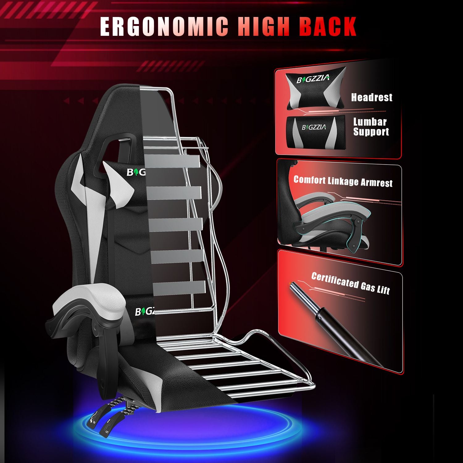 Ergonomic Gaming Chair 155° Reclining Swivel Chair with Headrest, Lumbar Support PU Leather Office Chair