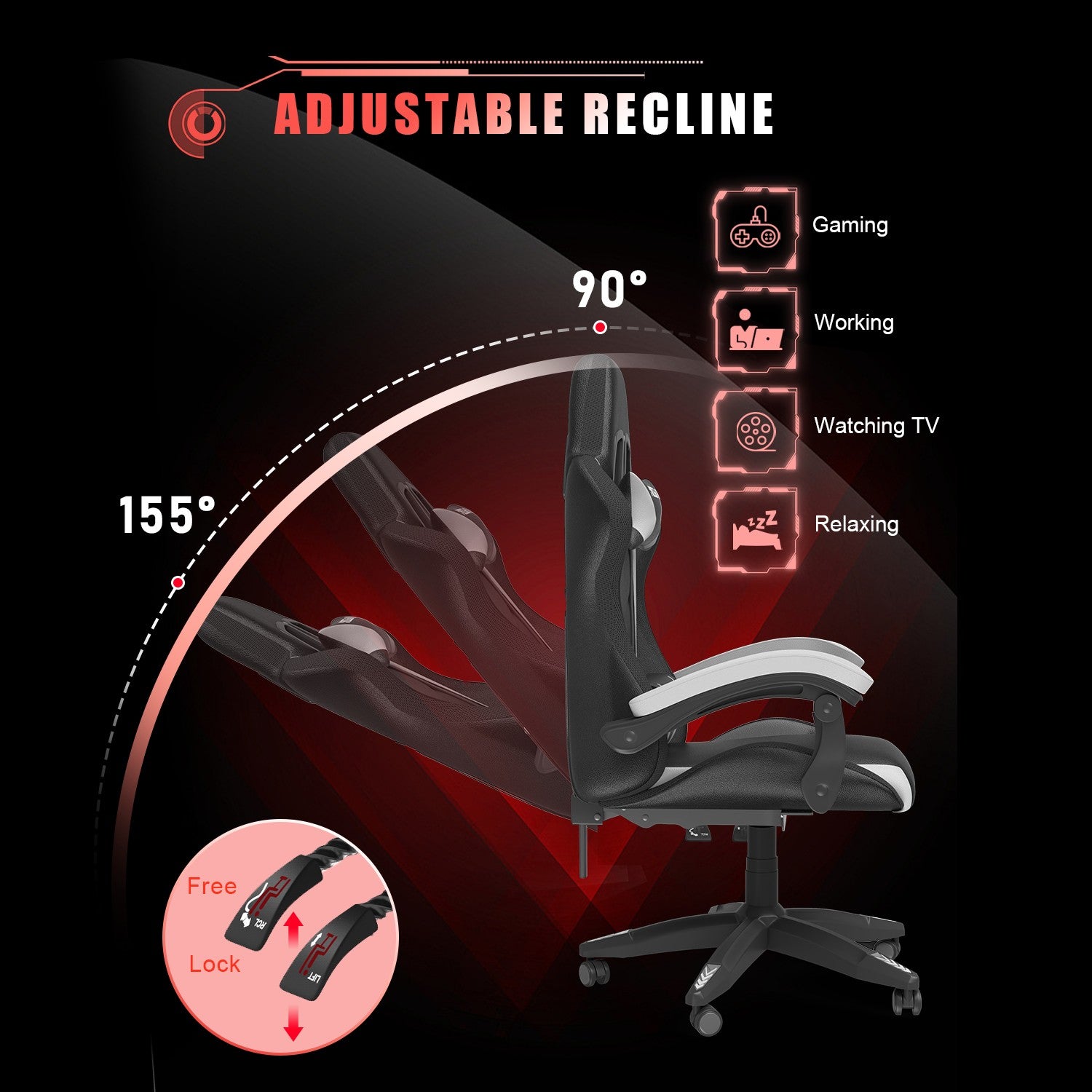 Ergonomic Gaming Chair 155° Reclining Swivel Chair with Headrest, Lumbar Support PU Leather Office Chair