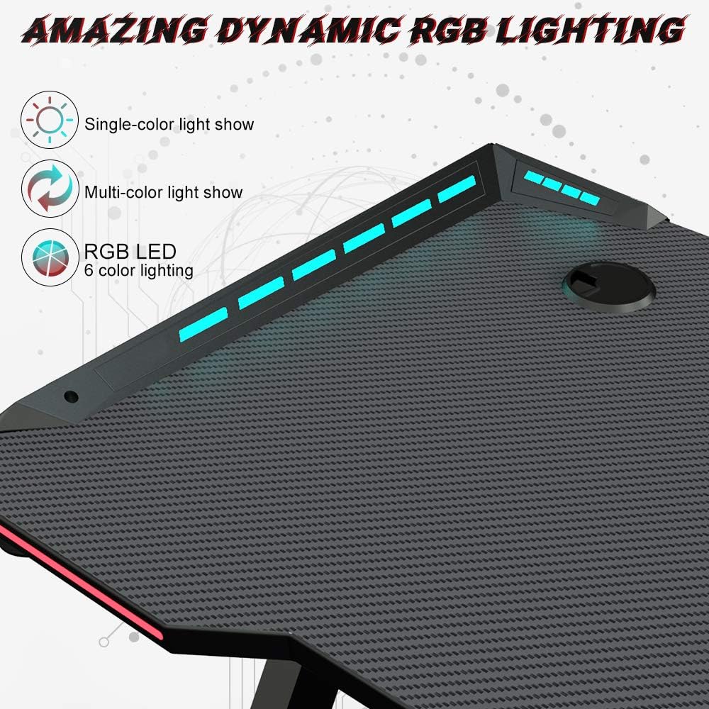 Gaming Desk RGB Lighting Ergonomic Gamer Workstation Computer Desk wit ...