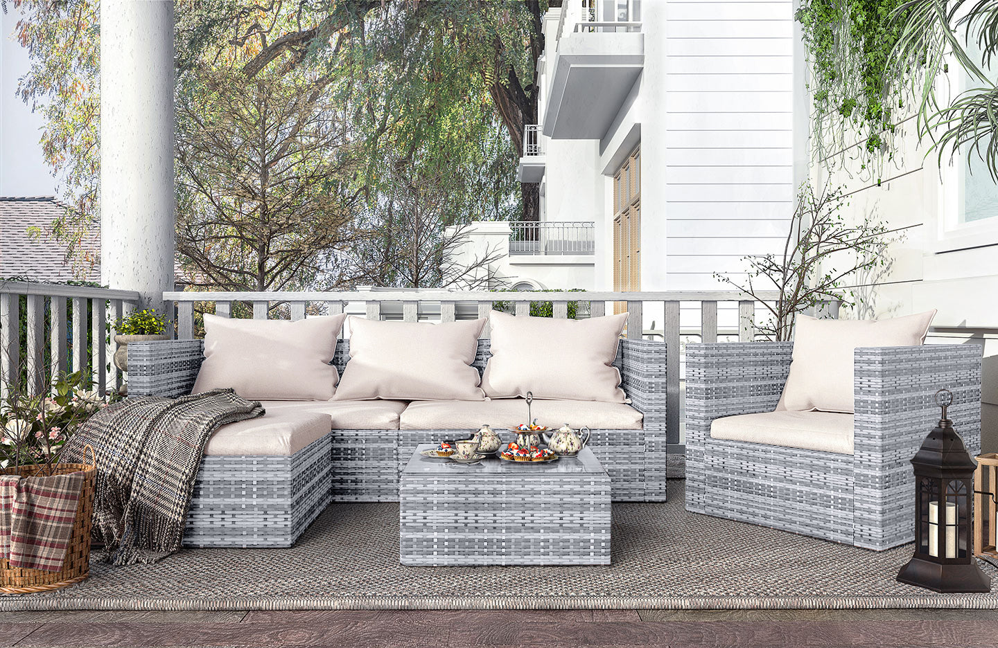 Garden Furniture Set 5PC Rattan Modular Corner Sofa Set  (2024 New Grey Version)