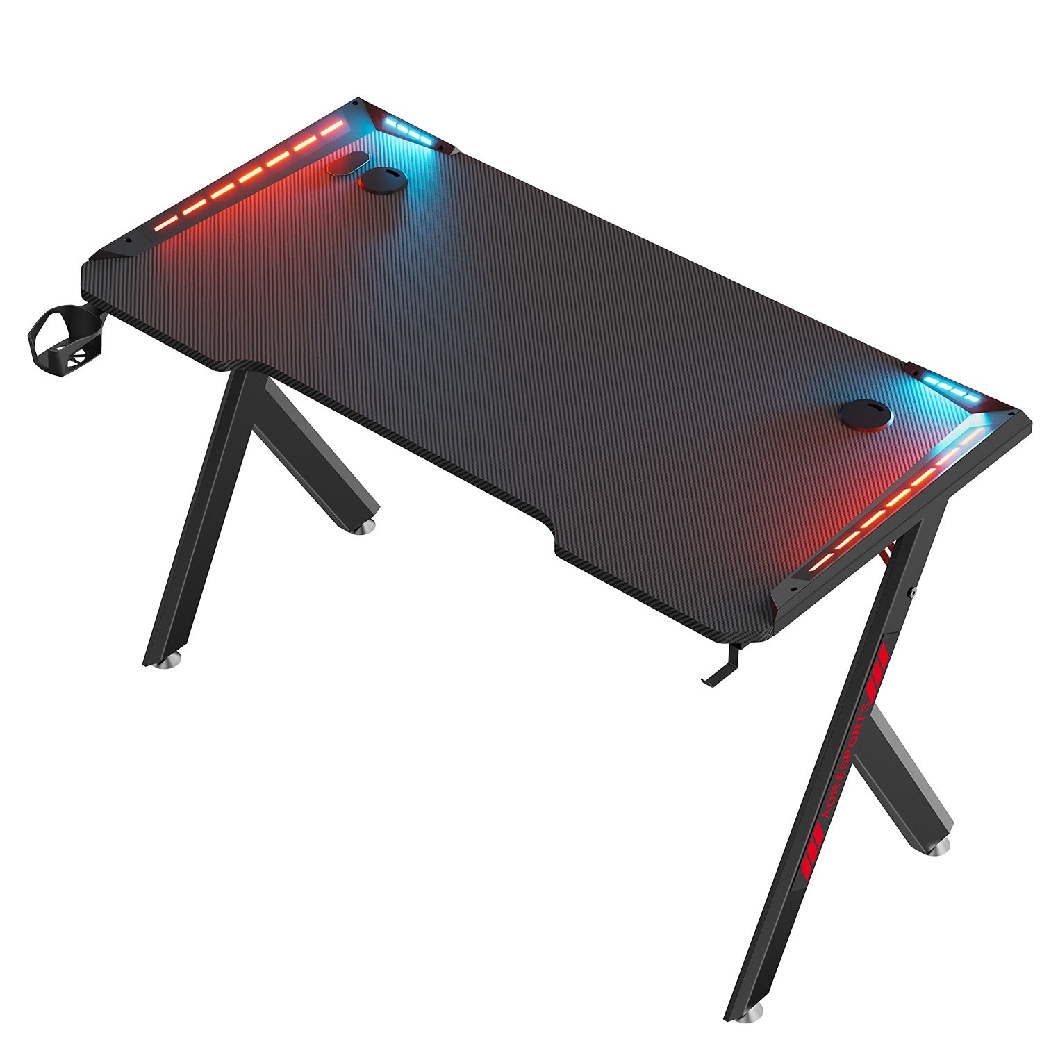 Gaming Desk RGB Lighting Ergonomic Gamer Workstation Computer Desk with Cup Holder Headphone Hook, 120x60cm