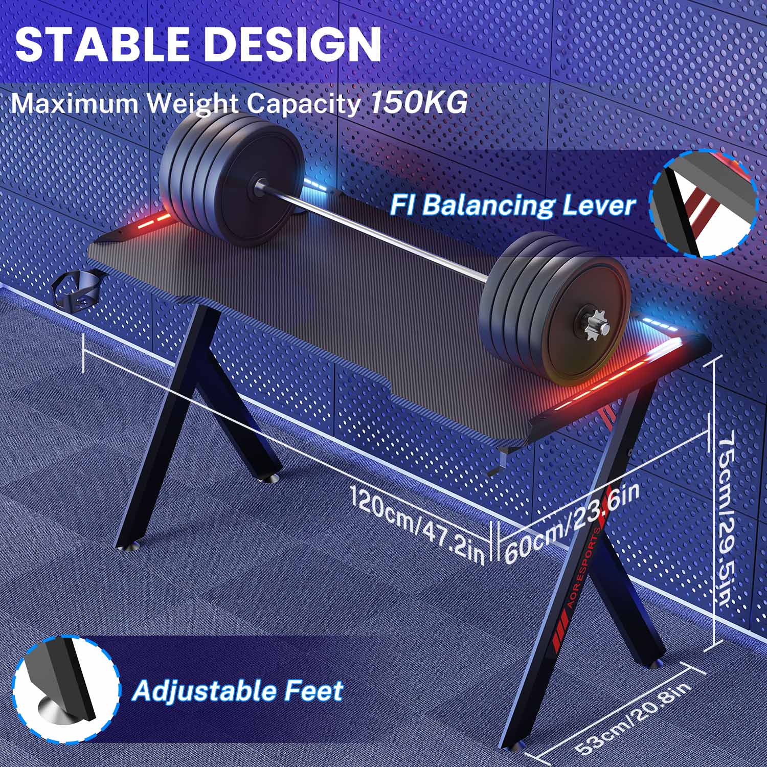 Gaming Desk RGB Lighting Ergonomic Gamer Workstation Computer Desk with Cup Holder Headphone Hook, 120x60cm