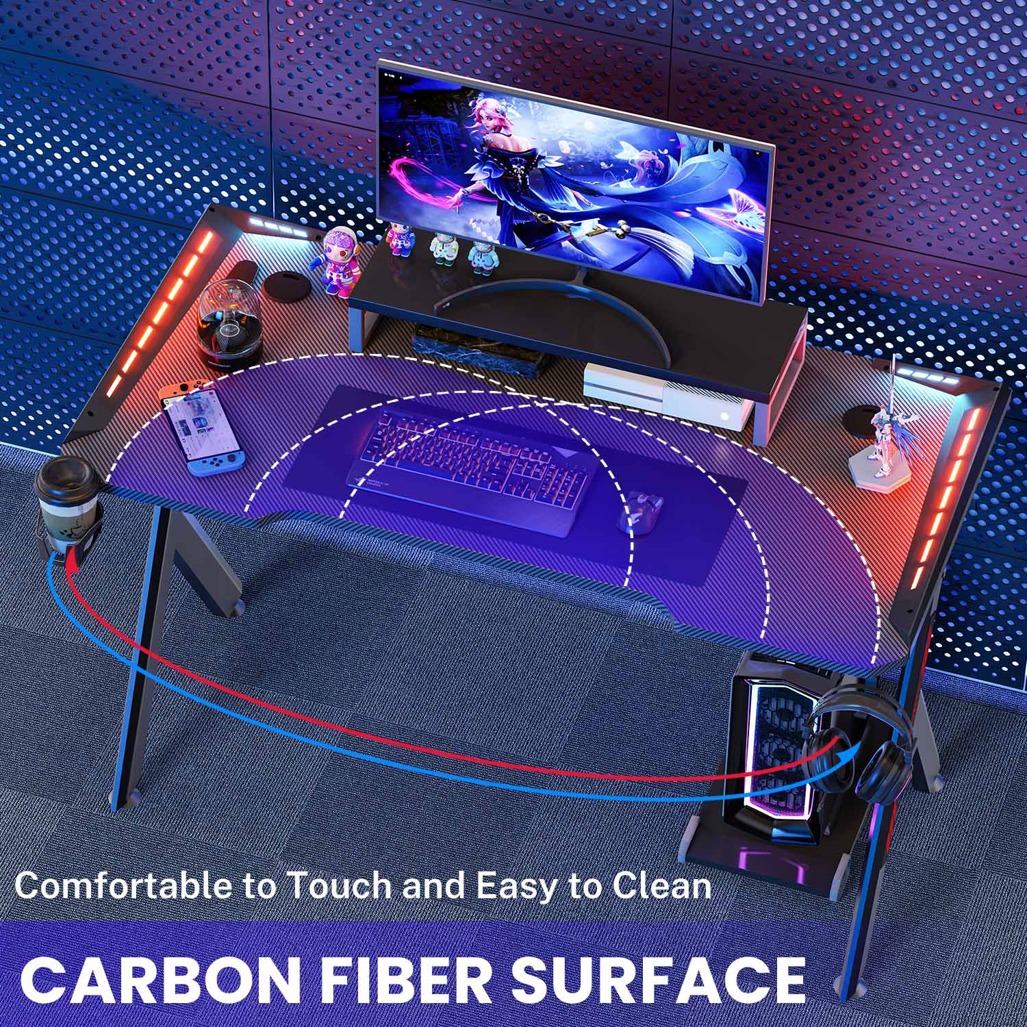 Gaming Desk RGB Lighting Ergonomic Gamer Workstation Computer Desk with Cup Holder Headphone Hook, 120x60cm