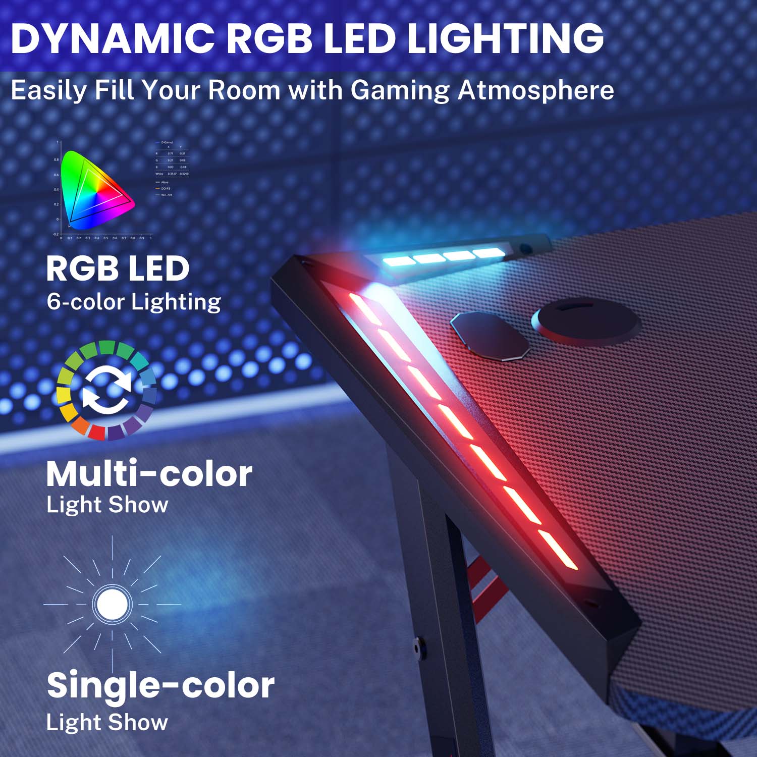 Gaming Desk RGB Lighting Ergonomic Gamer Workstation Computer Desk with Cup Holder Headphone Hook, 120x60cm