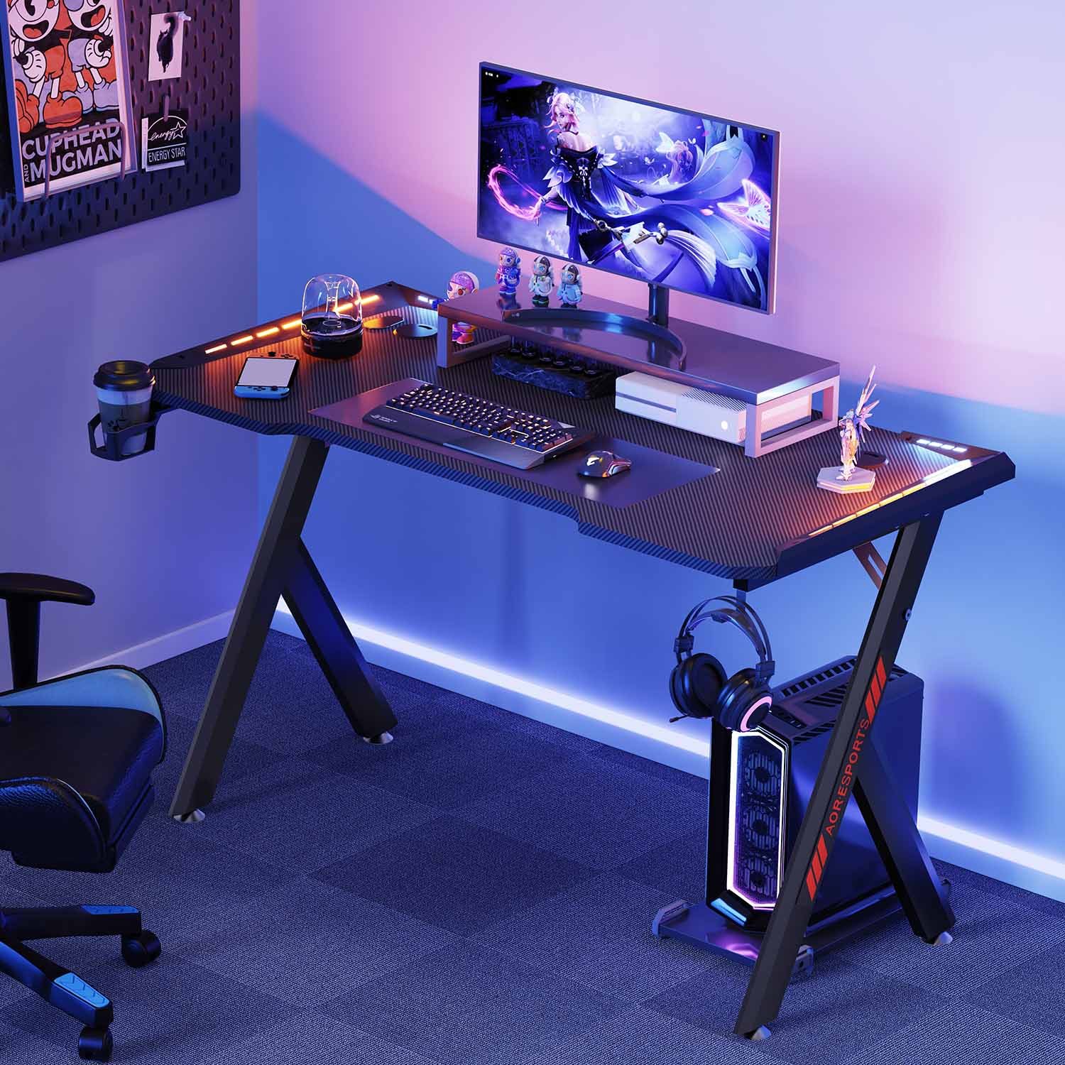 Gaming Desk RGB Lighting Ergonomic Gamer Workstation Computer Desk with Cup Holder Headphone Hook, 120x60cm