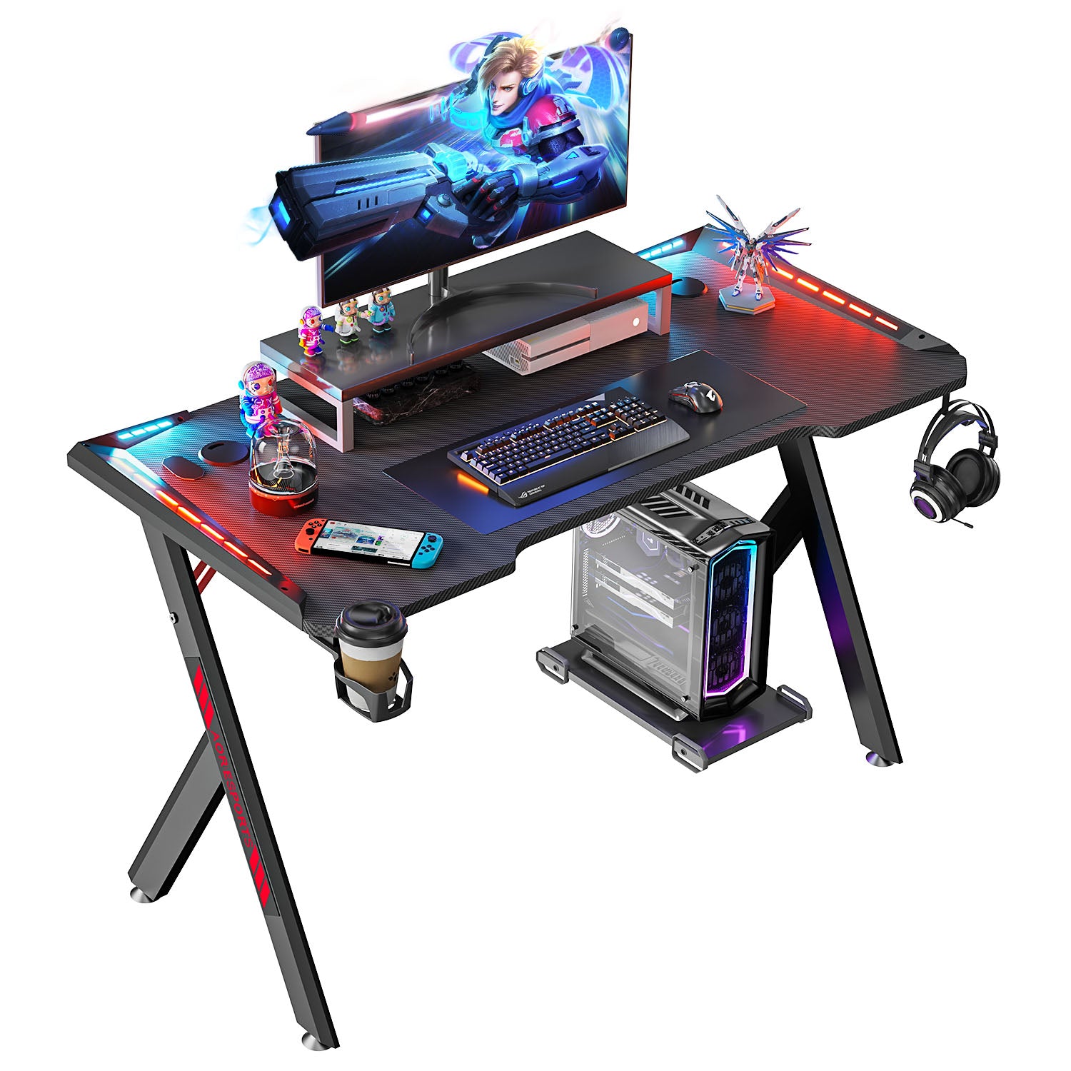 Gaming Desk RGB Lighting Ergonomic Gamer Workstation Computer Desk with Cup Holder Headphone Hook, 120x60cm