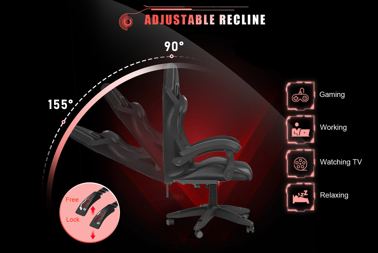 Ergonomic Gaming Chair 155° Reclining Swivel Chair with Headrest, Lumbar Support PU Leather Office Chair