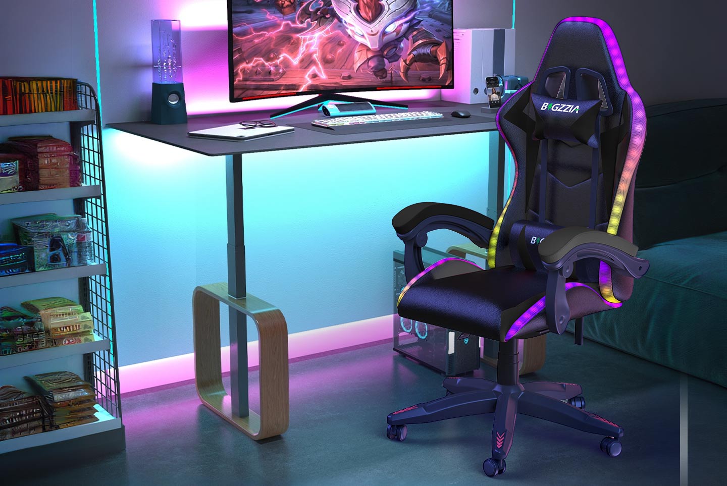 Ergonomic Gaming Chair 155° Reclining Swivel Chair with Headrest, Lumbar Support PU Leather Office Chair