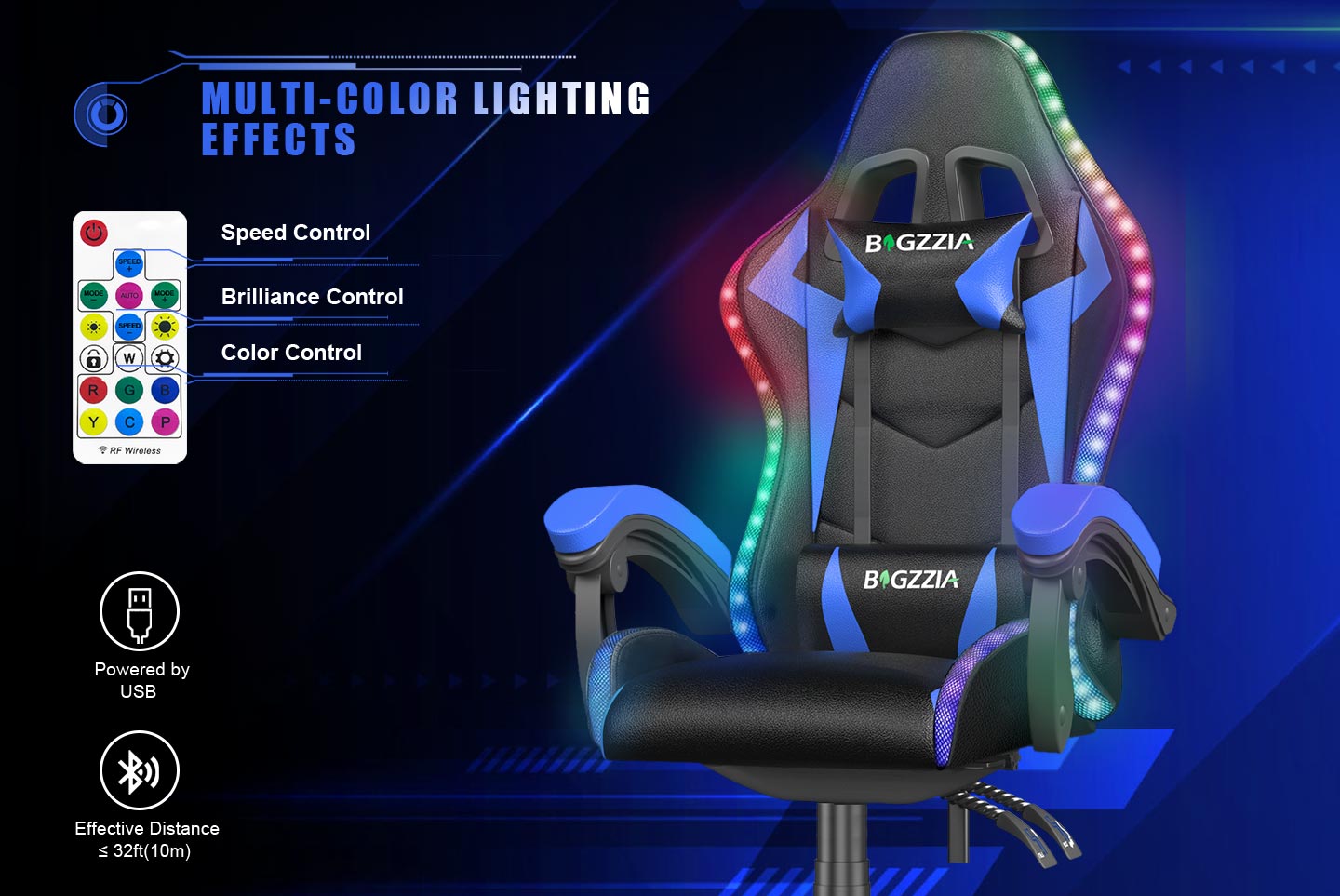 Ergonomic Gaming Chair with RGB LED Lights, Reclining, Headrest and Lumbar Support Racing Style