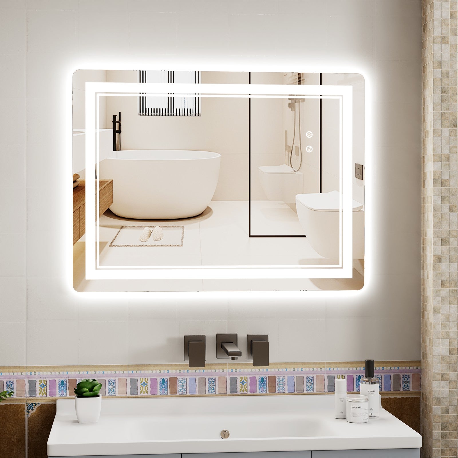 LED Bathroom Mirror with Anti-Fog, 3-Color Dimmable Lights, Memory Function, Horizontal/Vertical
