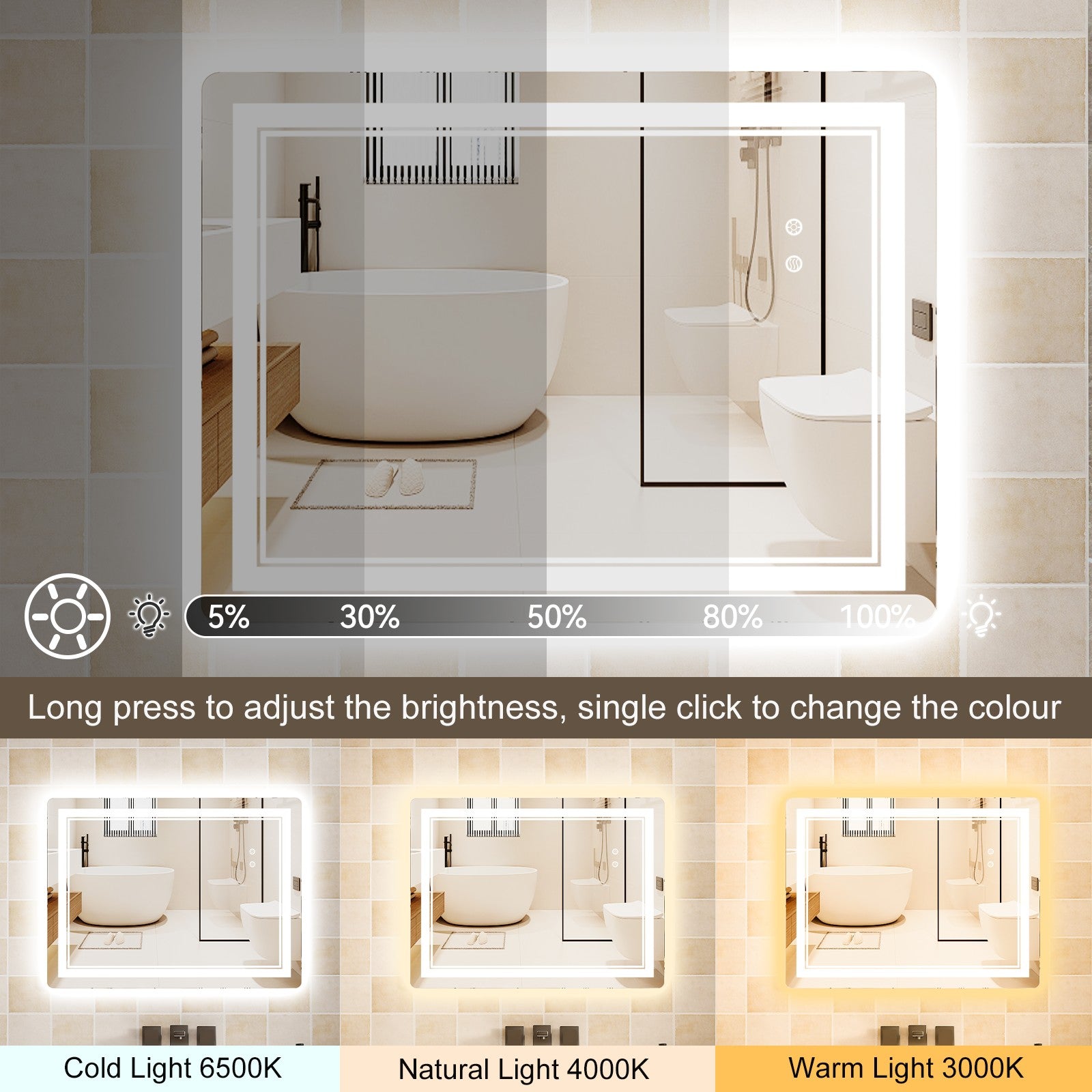 LED Bathroom Mirror with Anti-Fog, 3-Color Dimmable Lights, Memory Function, Horizontal/Vertical
