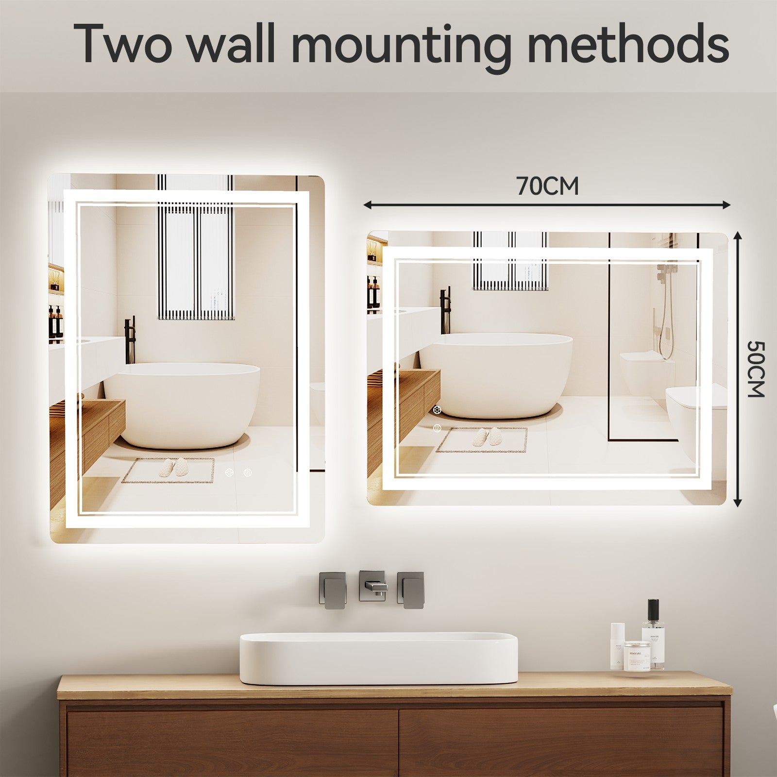LED Bathroom Mirror with Anti-Fog, 3-Color Dimmable Lights, Memory Function, Horizontal/Vertical
