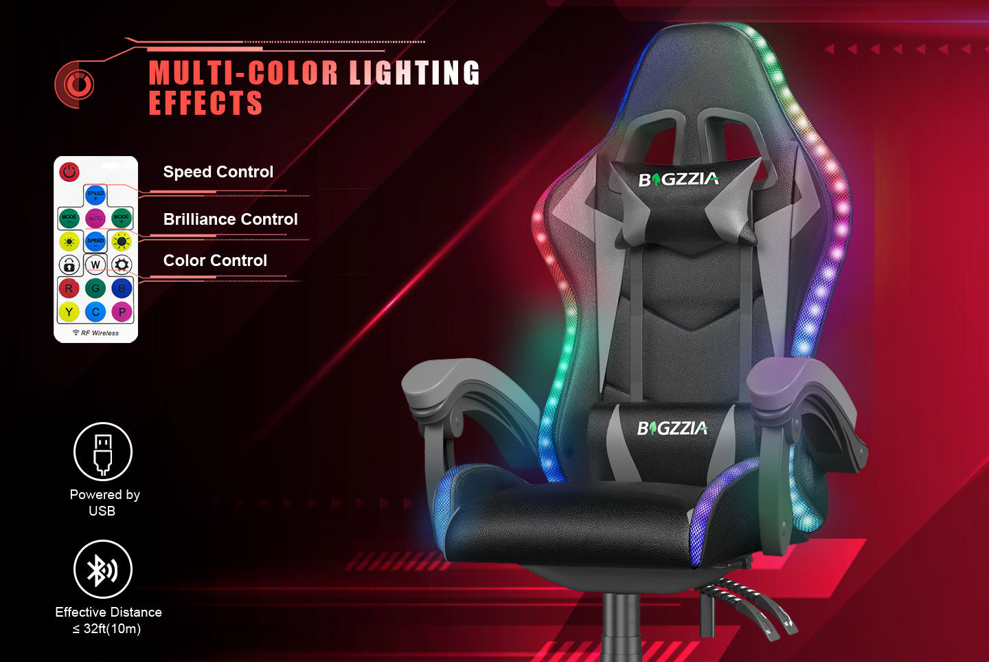Ergonomic Gaming Chair with RGB LED Lights, Reclining, Headrest and Lumbar Support Racing Style