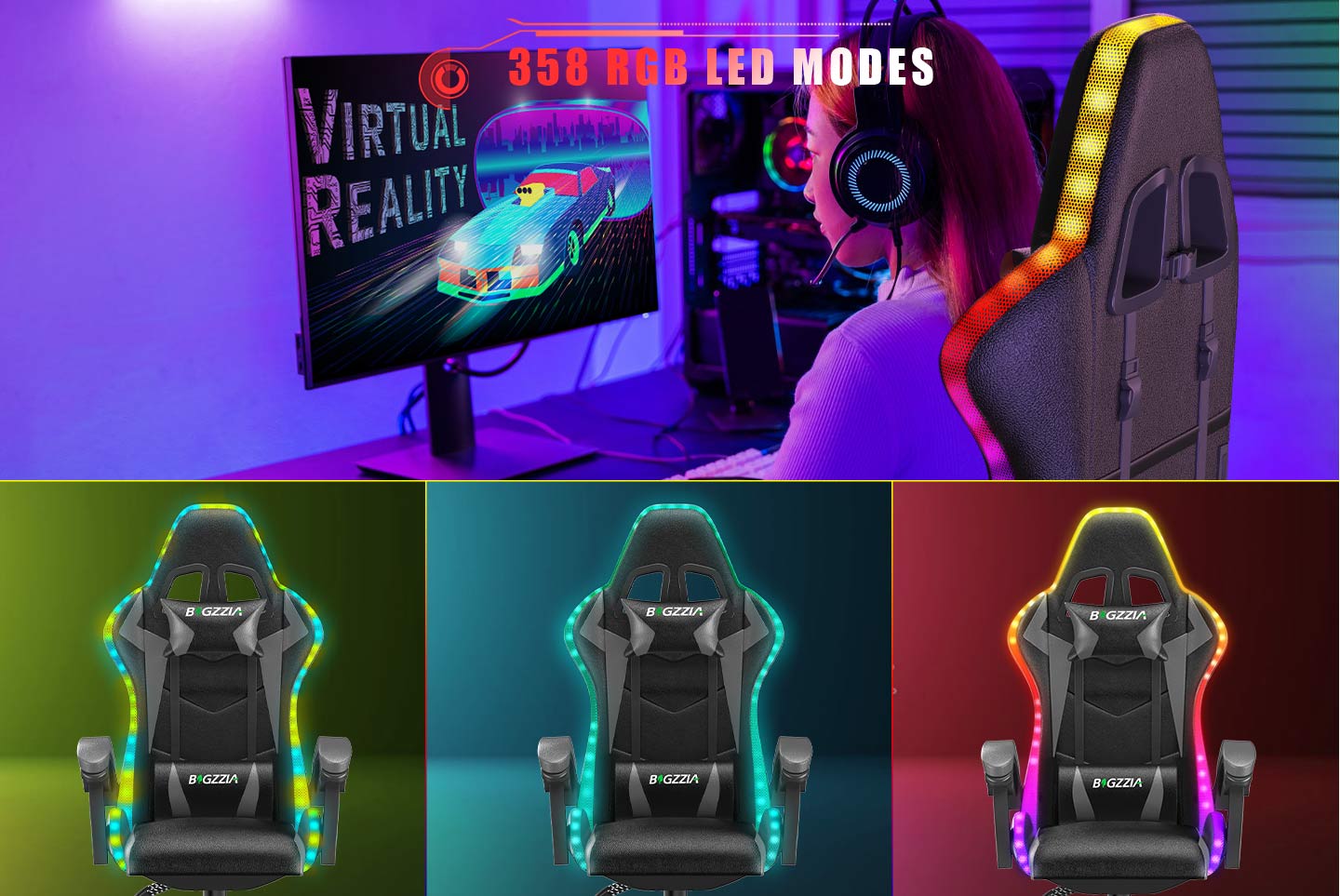 Ergonomic Gaming Chair with RGB LED Lights, Reclining, Headrest and Lumbar Support Racing Style
