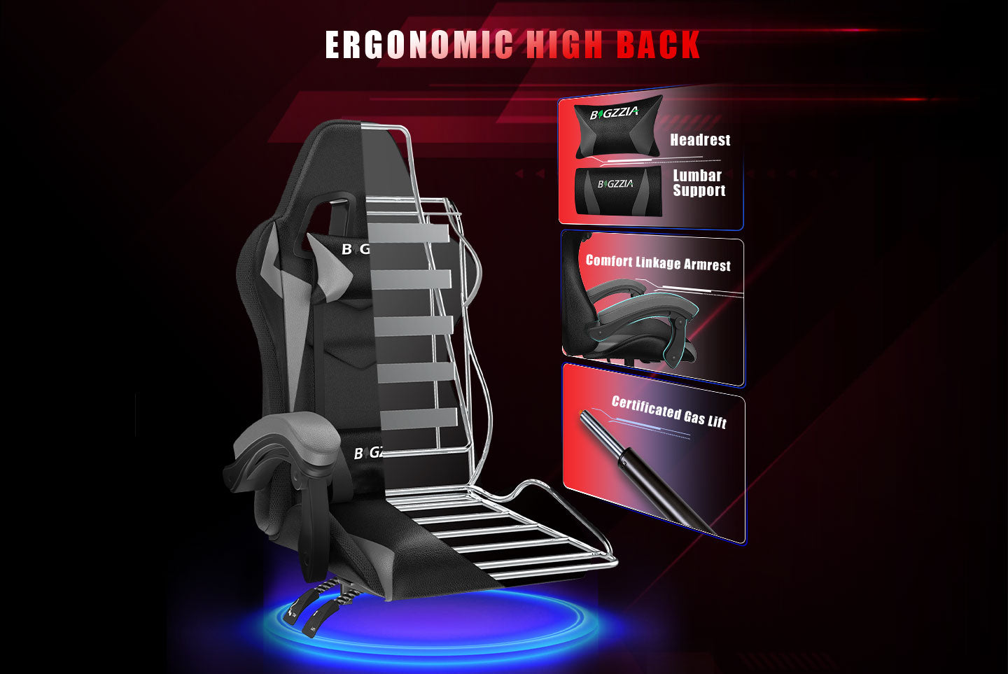 Ergonomic Gaming Chair with RGB LED Lights, Reclining, Headrest and Lumbar Support Racing Style