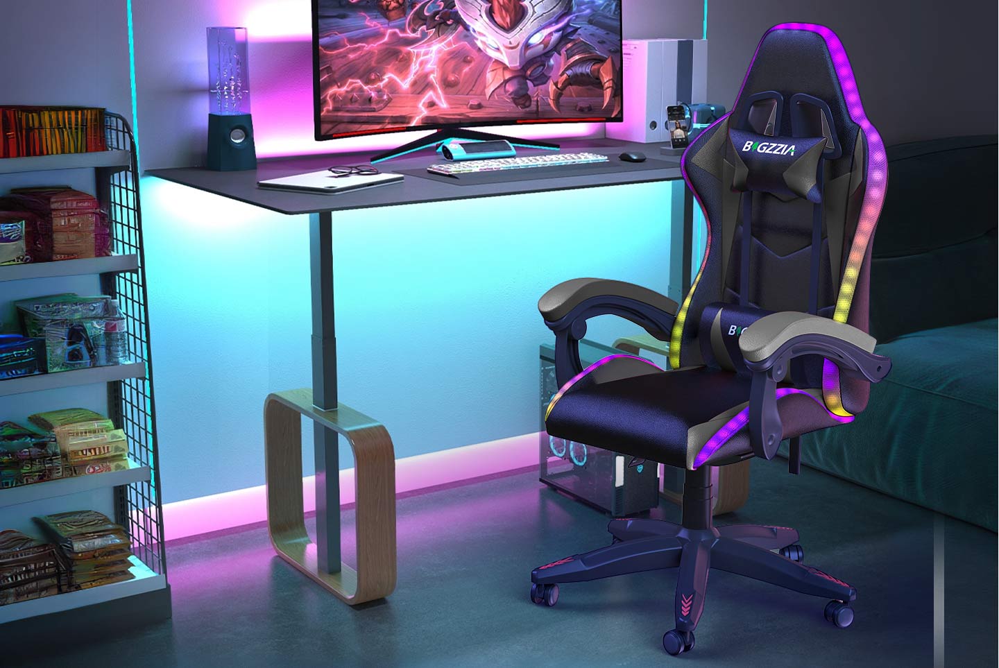 Ergonomic Gaming Chair with RGB LED Lights, Reclining, Headrest and Lumbar Support Racing Style