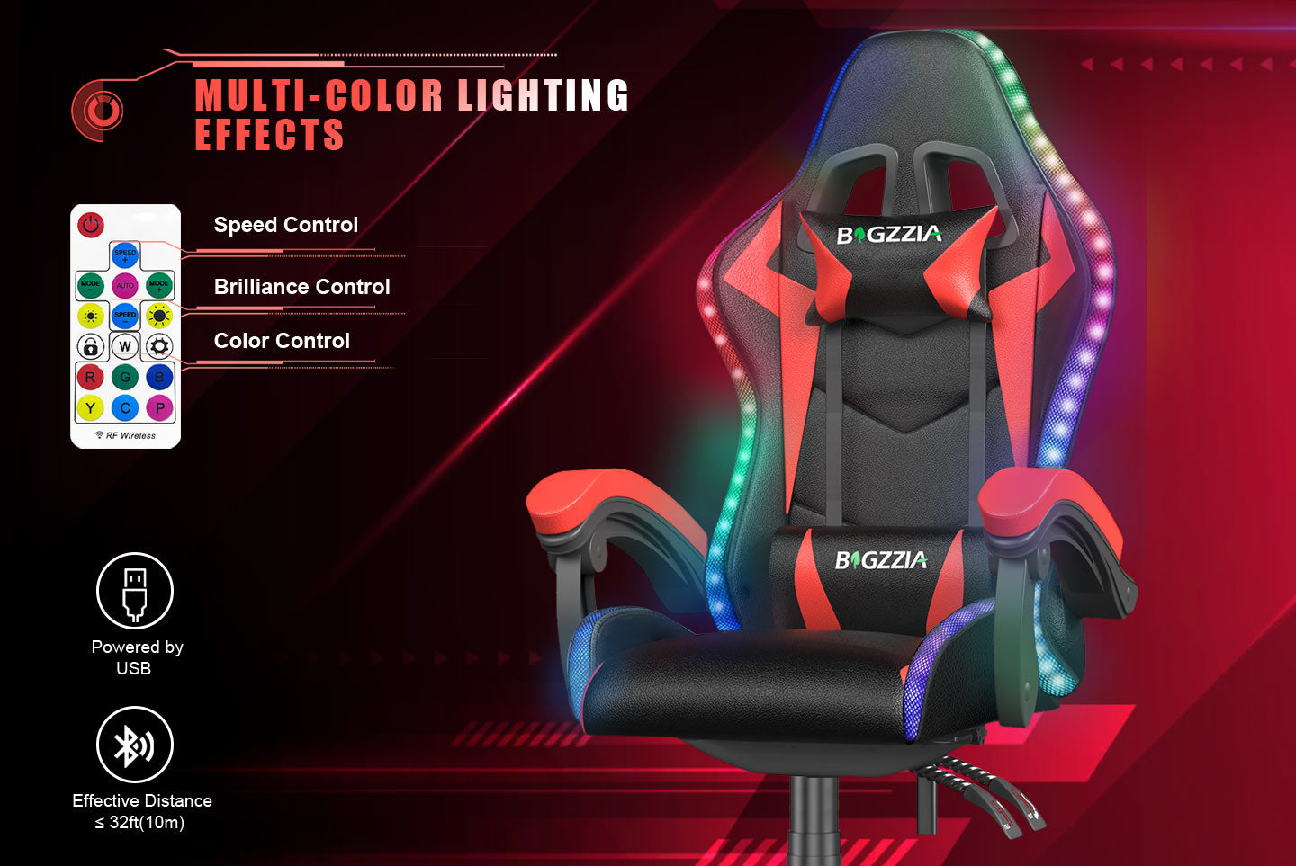 Ergonomic Gaming Chair with RGB LED Lights, Reclining, Headrest and Lumbar Support Racing Style