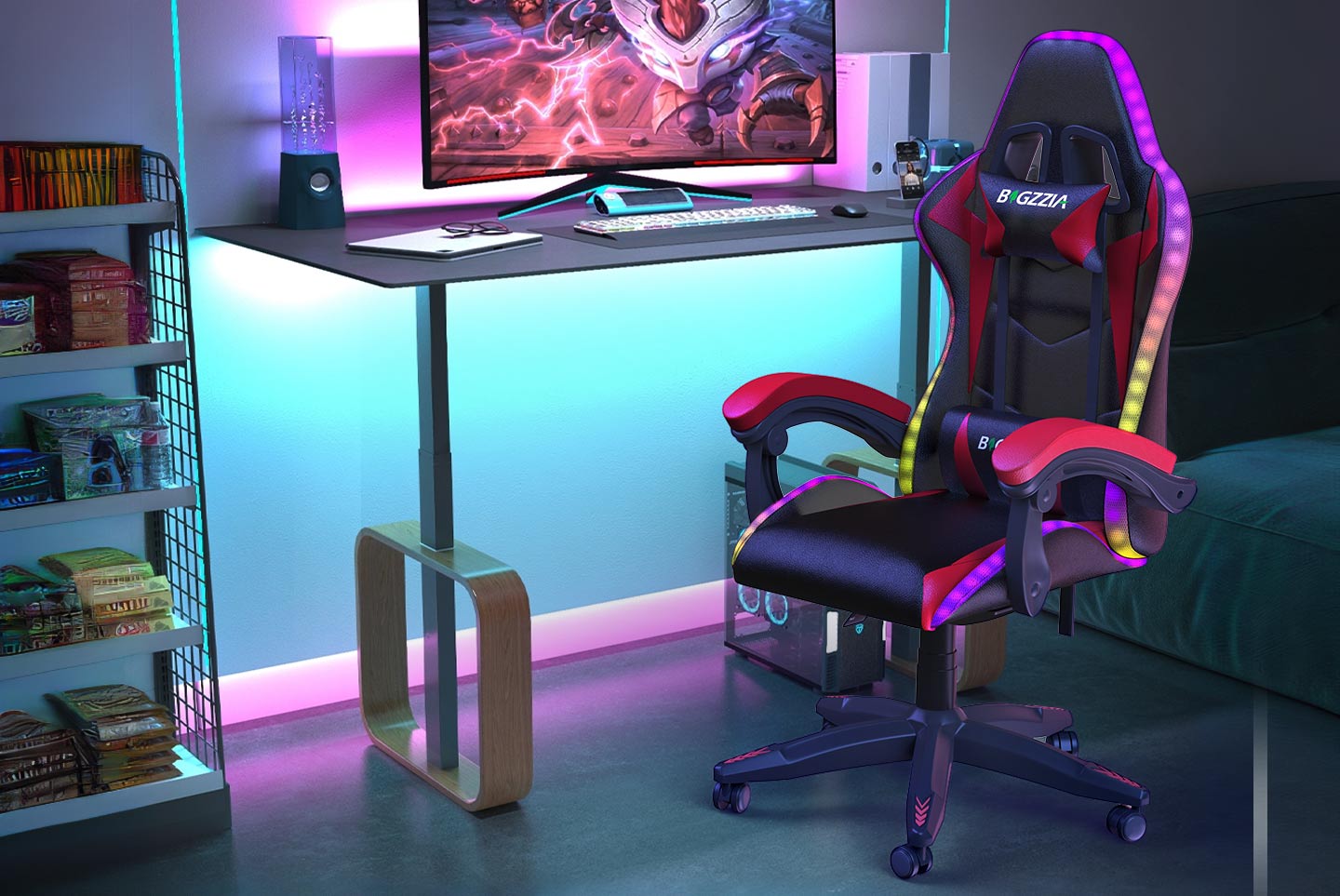 Ergonomic Gaming Chair with RGB LED Lights, Reclining, Headrest and Lumbar Support Racing Style