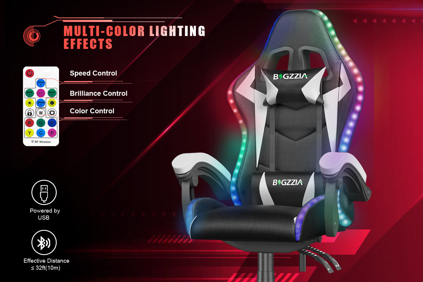 Ergonomic Gaming Chair with RGB LED Lights, Reclining, Headrest and Lumbar Support Racing Style