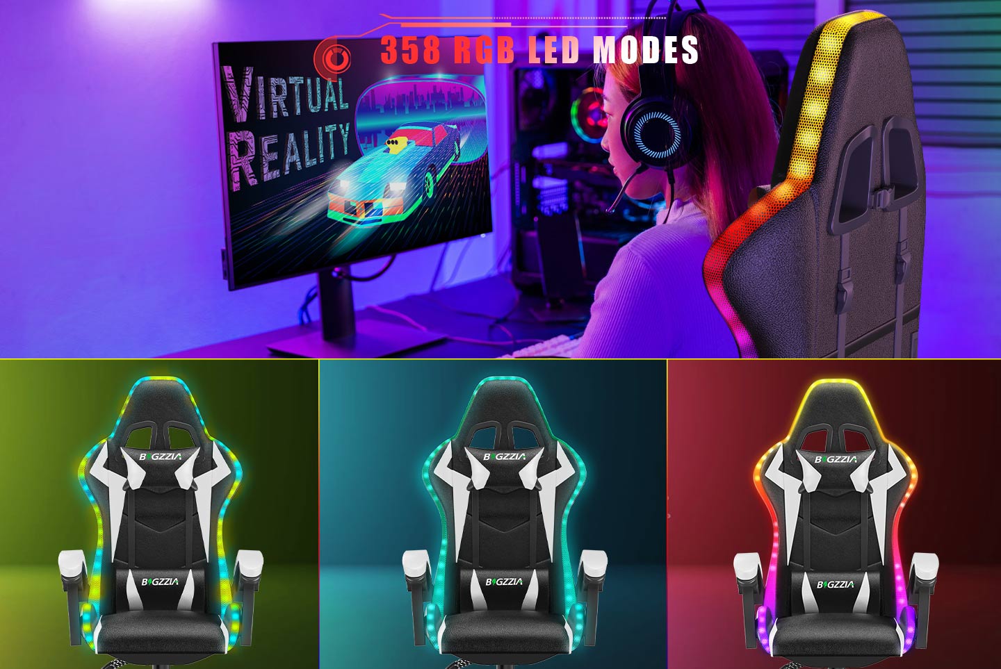 Ergonomic Gaming Chair with RGB LED Lights, Reclining, Headrest and Lumbar Support Racing Style