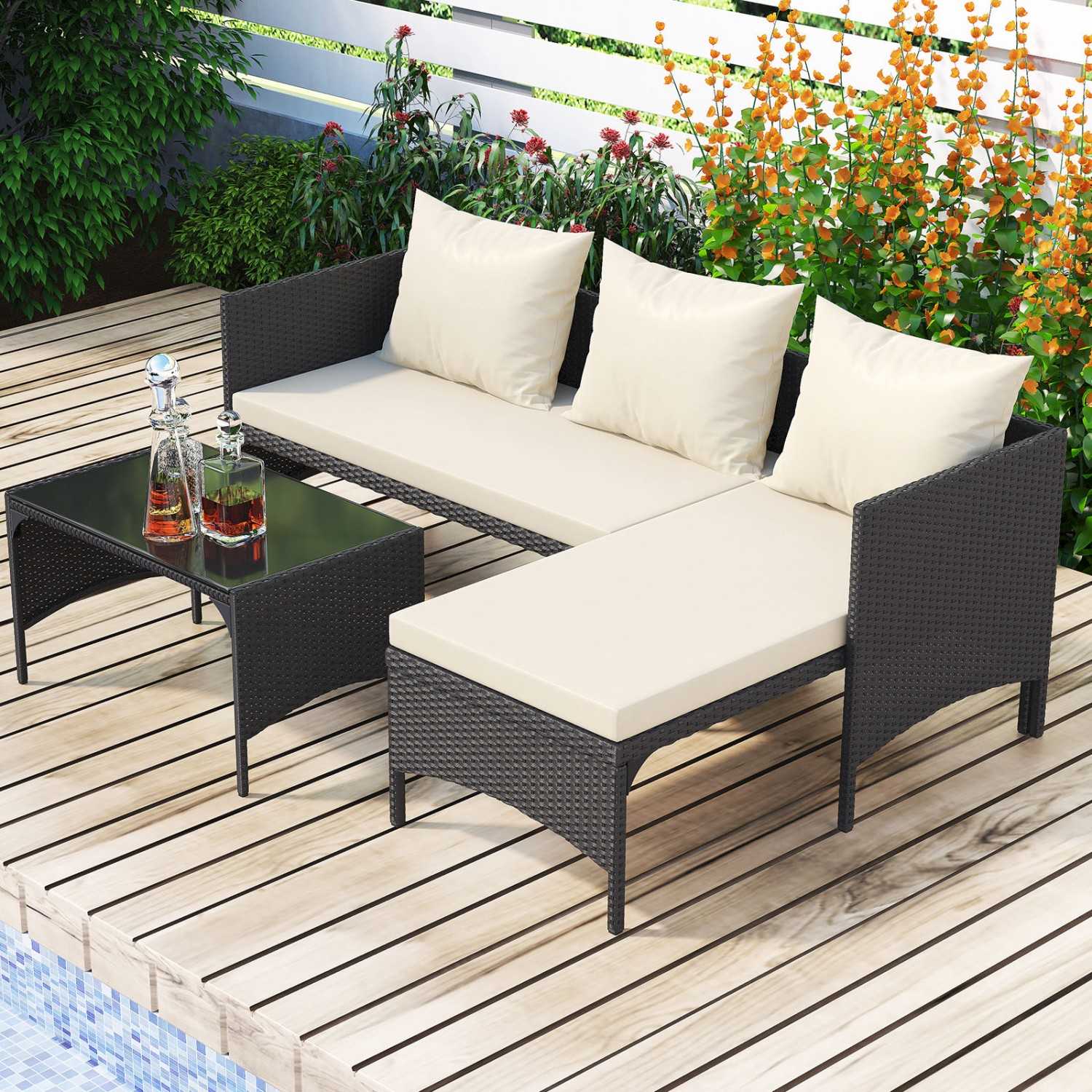 3-Piece Outdoor Furniture Set Rattan Garden Furniture, Chaise Conversation Sets for Patio
