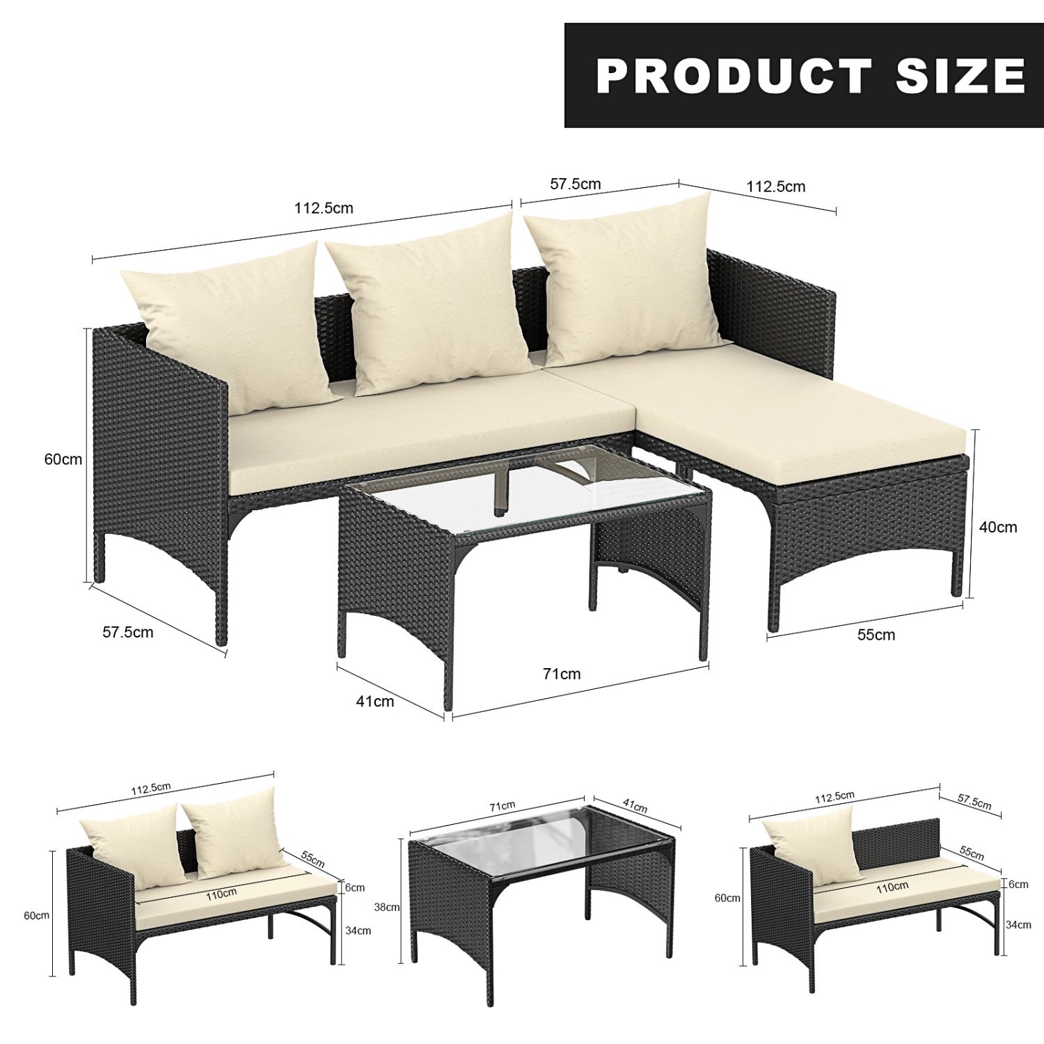 3-Piece Outdoor Furniture Set Rattan Garden Furniture, Chaise Conversation Sets for Patio