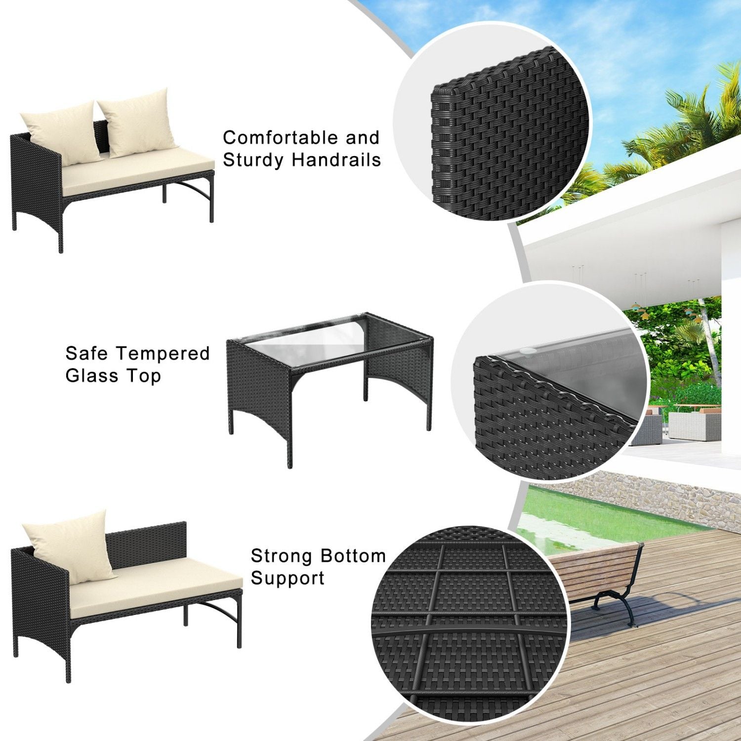 3-Piece Outdoor Furniture Set Rattan Garden Furniture, Chaise Conversation Sets for Patio