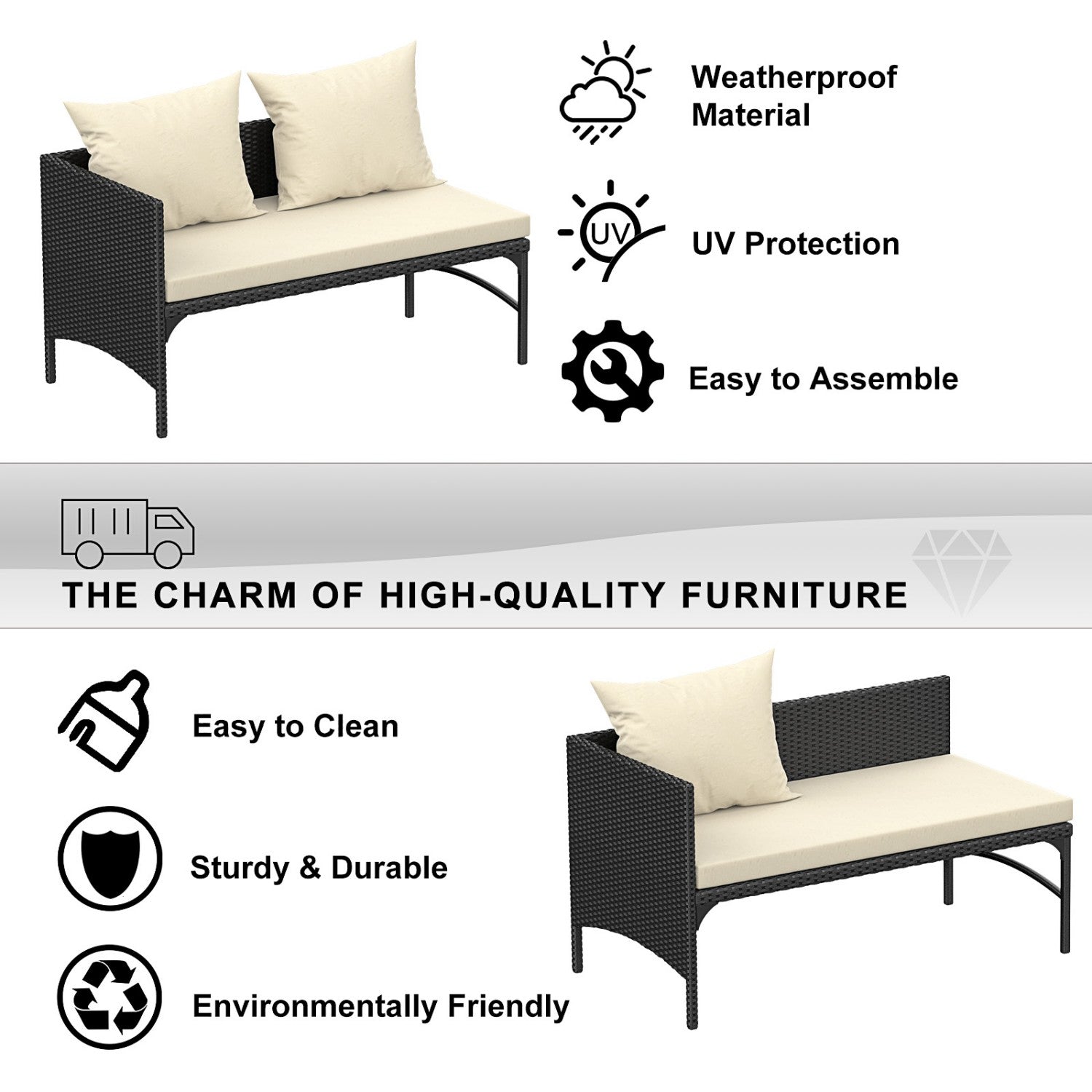 3-Piece Outdoor Furniture Set Rattan Garden Furniture, Chaise Conversation Sets for Patio