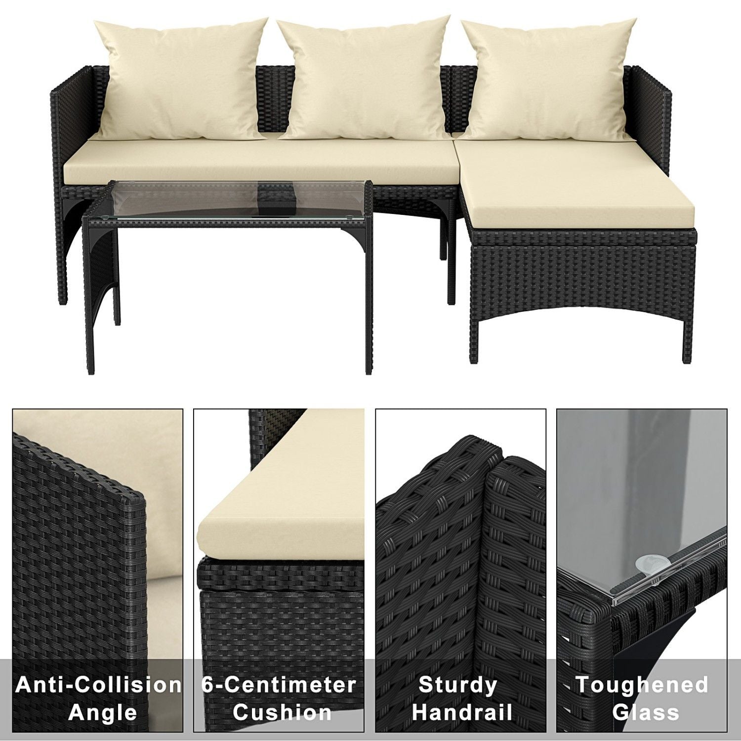 3-Piece Outdoor Furniture Set Rattan Garden Furniture, Chaise Conversation Sets for Patio