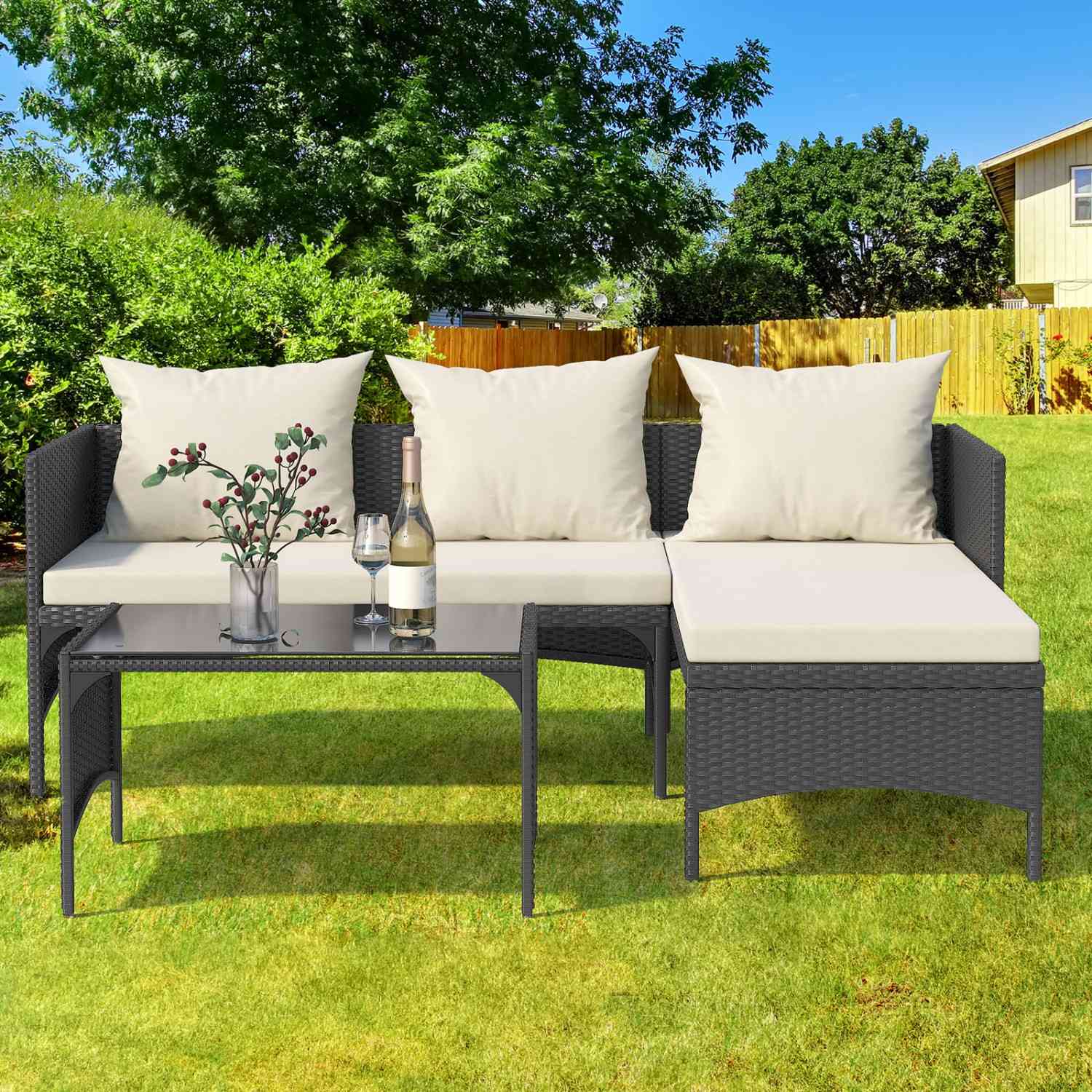 3-Piece Outdoor Furniture Set Rattan Garden Furniture, Chaise Conversation Sets for Patio