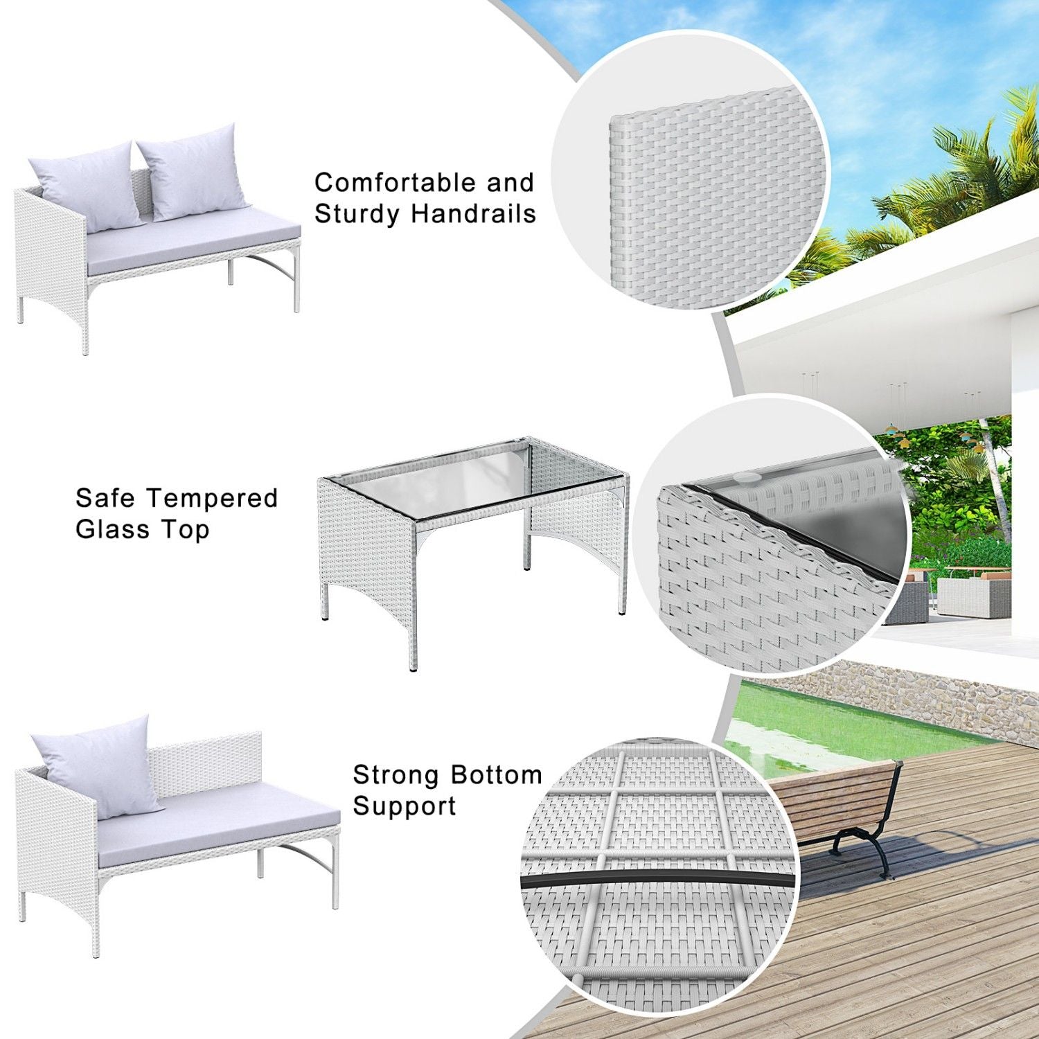 3-Piece Outdoor Furniture Set Rattan Garden Furniture, Chaise Conversation Sets for Patio