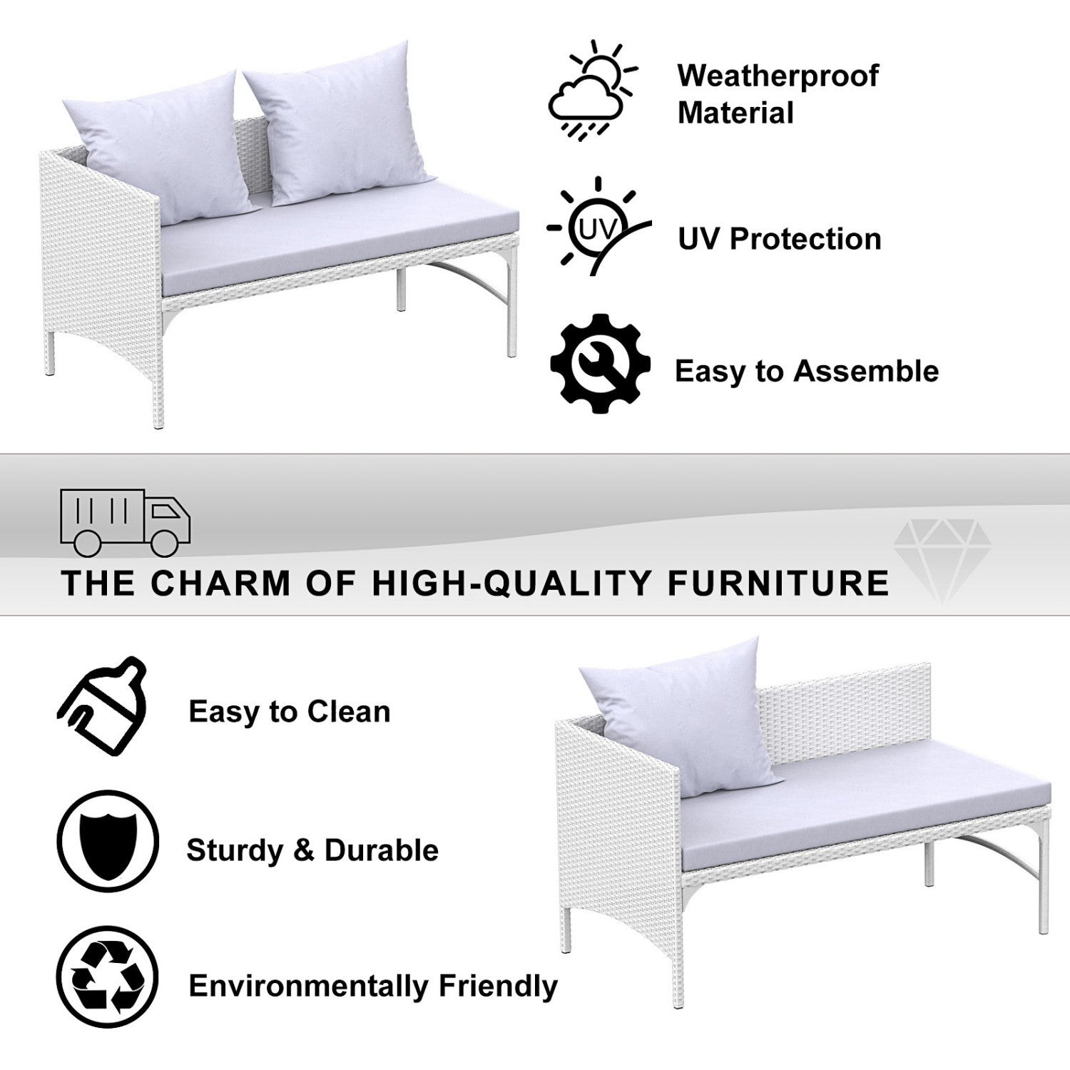 3-Piece Outdoor Furniture Set Rattan Garden Furniture, Chaise Conversation Sets for Patio