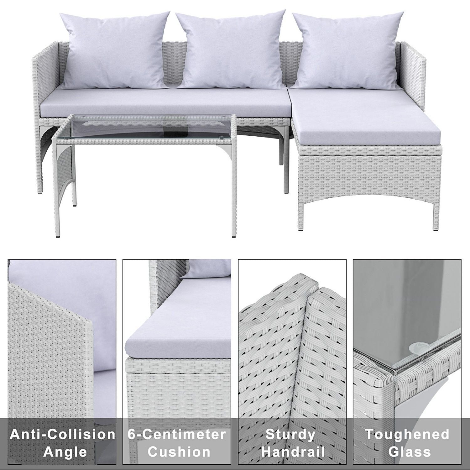 3-Piece Outdoor Furniture Set Rattan Garden Furniture, Chaise Conversation Sets for Patio