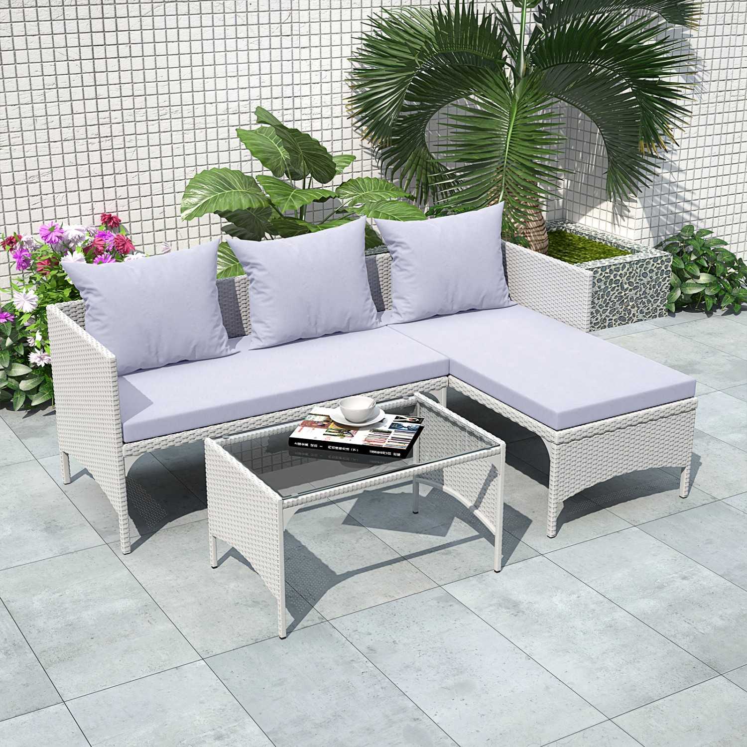 3-Piece Outdoor Furniture Set Rattan Garden Furniture, Chaise Conversation Sets for Patio