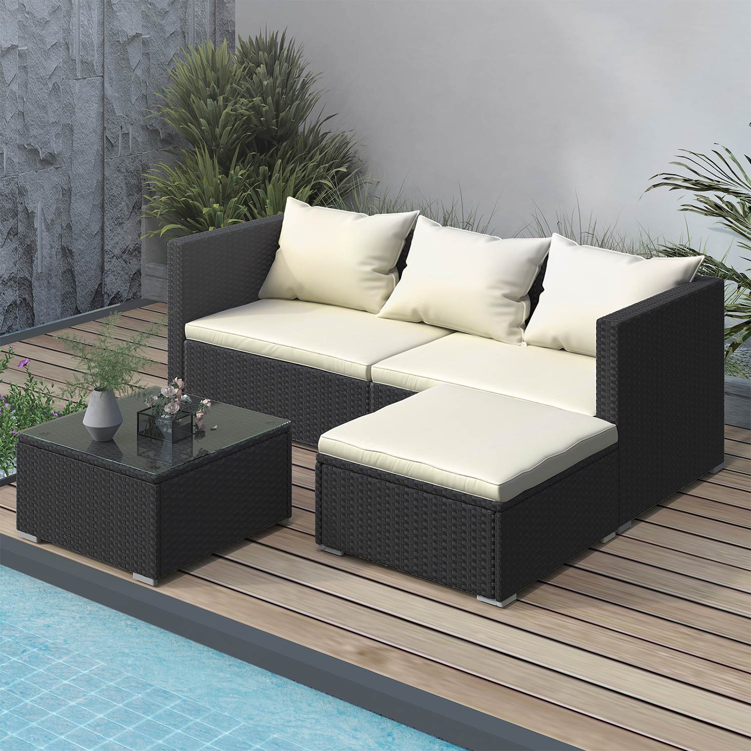 4 Pieces Patio Furniture Sets Outdoor Sofa with Washable Cushions and Glass Table