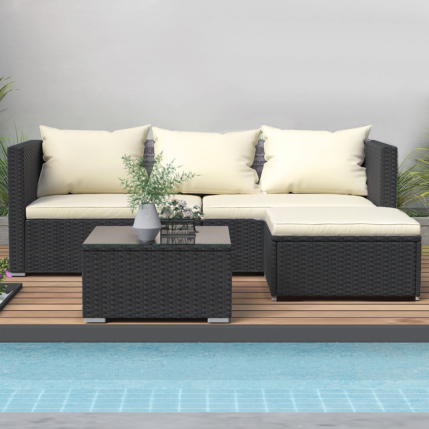 4 Pieces Patio Furniture Sets Outdoor Sofa with Washable Cushions and Glass Table