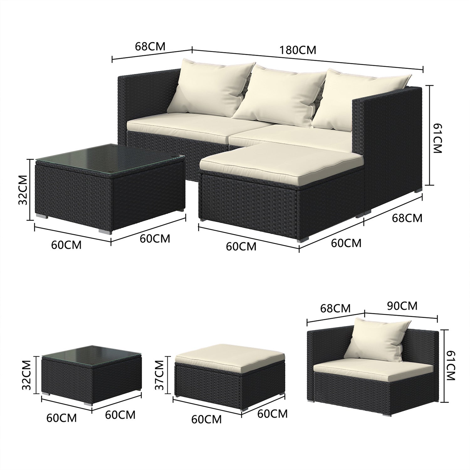 4 Pieces Patio Furniture Sets Outdoor Sofa with Washable Cushions and Glass Table