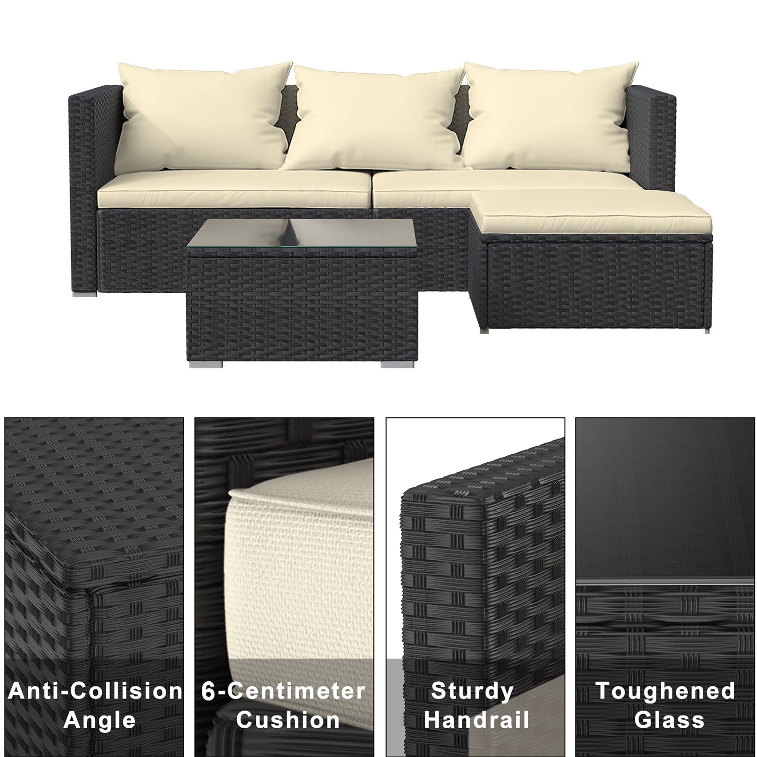 4 Pieces Patio Furniture Sets Outdoor Sofa with Washable Cushions and Glass Table