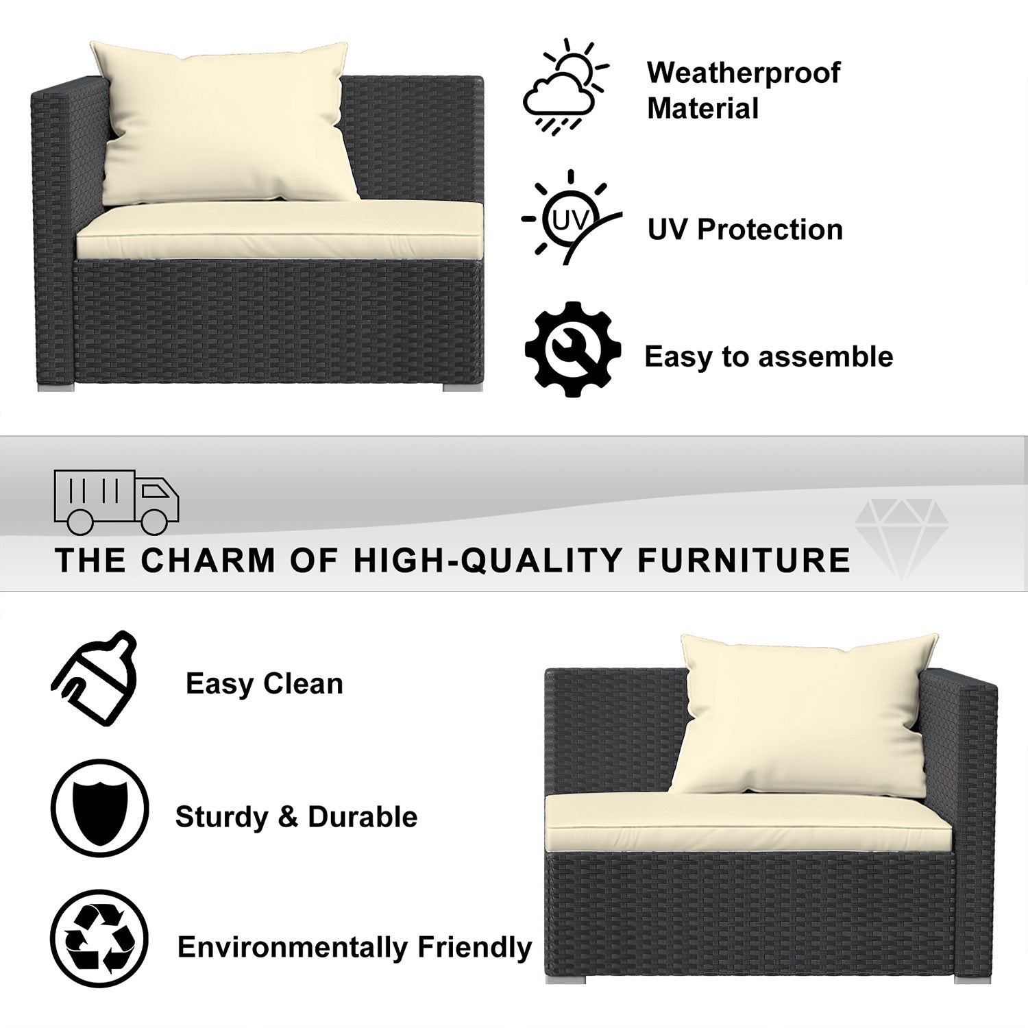 4 Pieces Patio Furniture Sets Outdoor Sofa with Washable Cushions and Glass Table