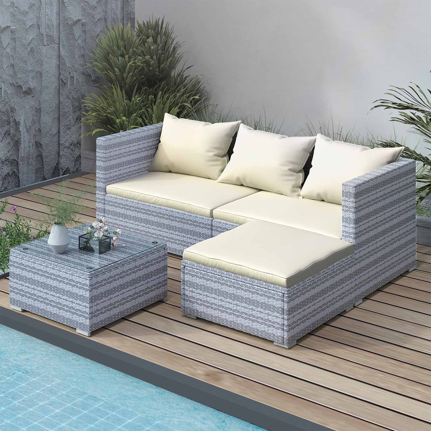 4 Pieces Patio Furniture Sets Outdoor Sofa with Washable Cushions and Glass Table
