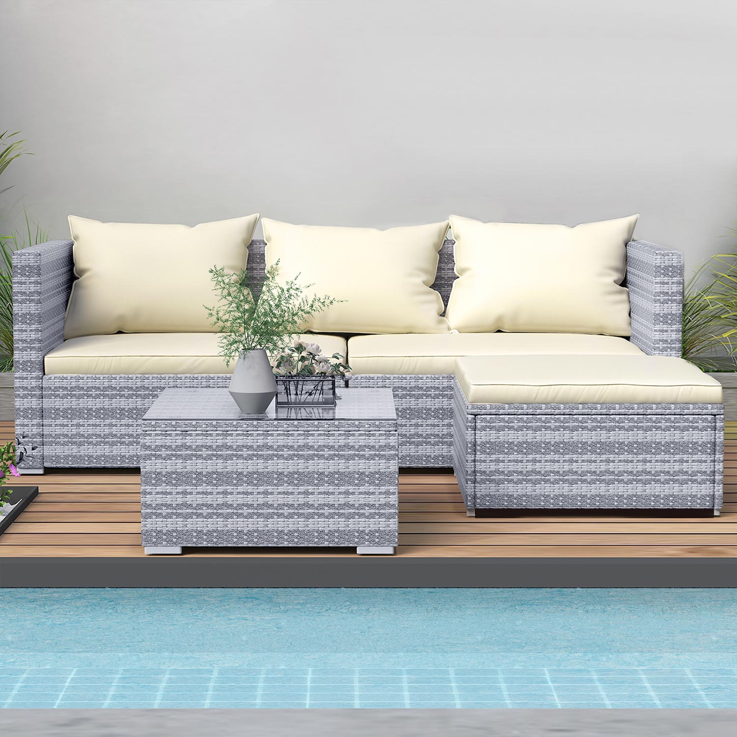 4 Pieces Patio Furniture Sets Outdoor Sofa with Washable Cushions and Glass Table