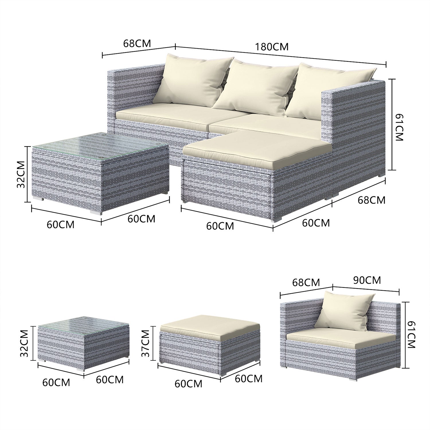 4 Pieces Patio Furniture Sets Outdoor Sofa with Washable Cushions and Glass Table