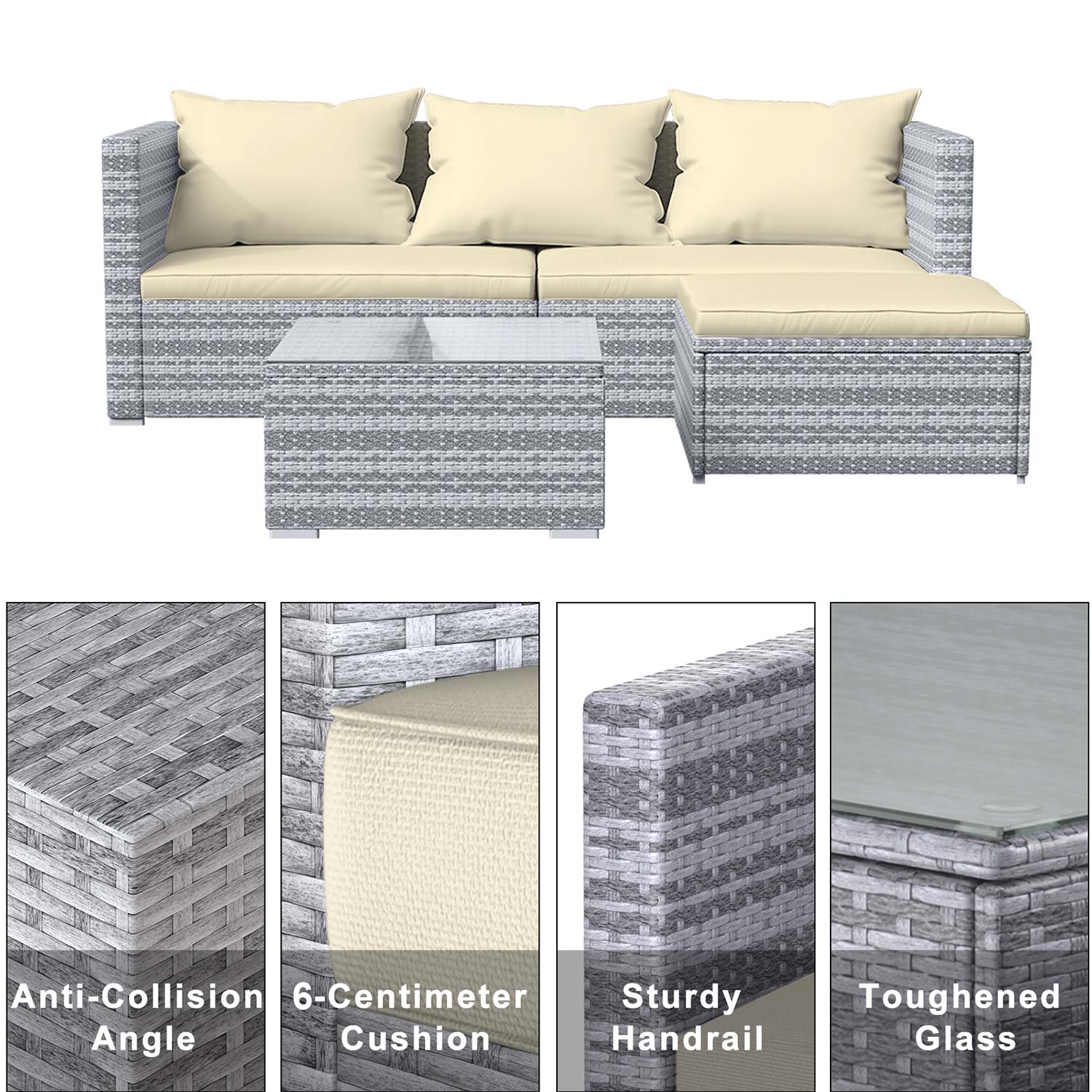 4 Pieces Patio Furniture Sets Outdoor Sofa with Washable Cushions and Glass Table