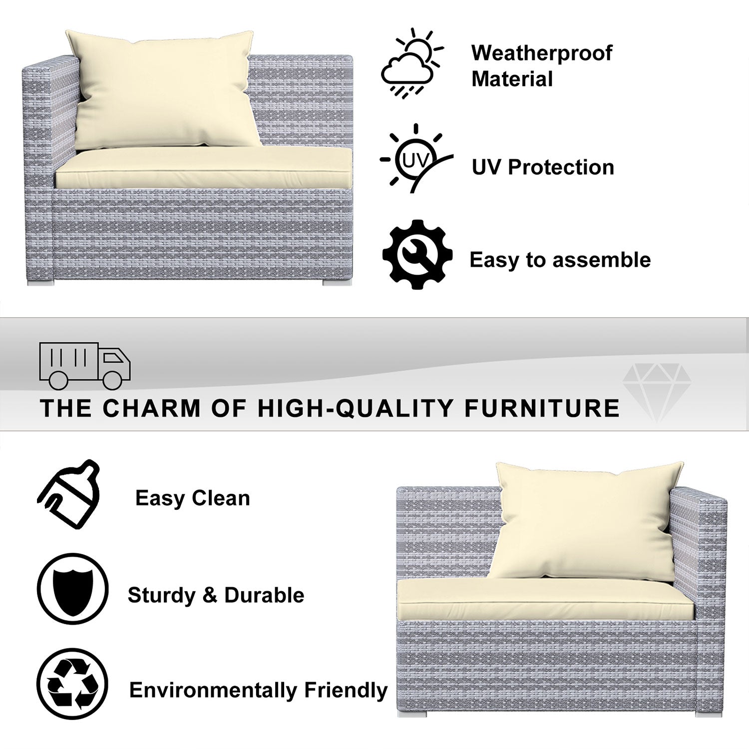 4 Pieces Patio Furniture Sets Outdoor Sofa with Washable Cushions and Glass Table
