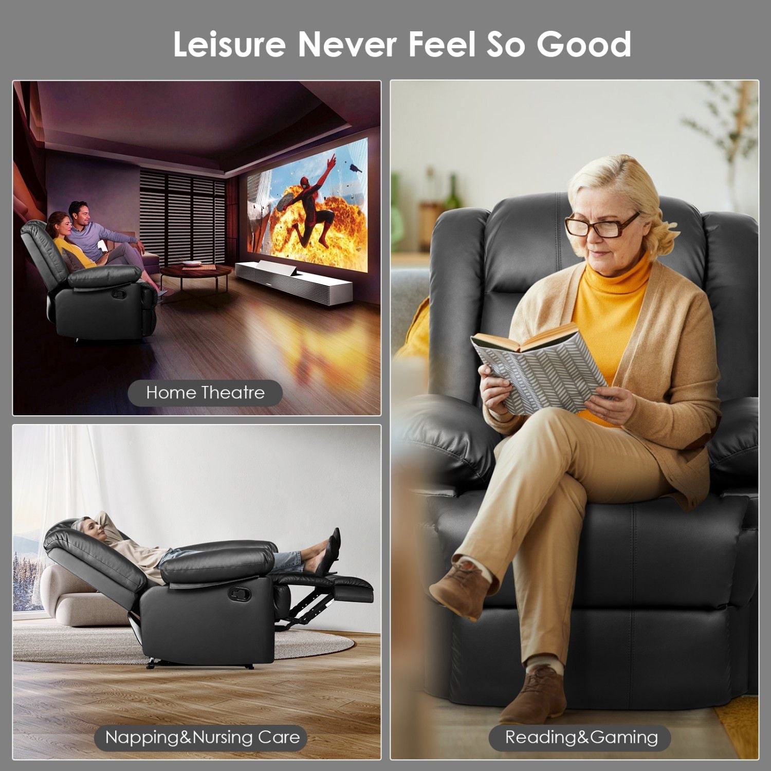 Armchair PU Leather Recliner Chair 110°-160° Manual Reclining Sofa with Padded Backrest Seat Retractable Footrest