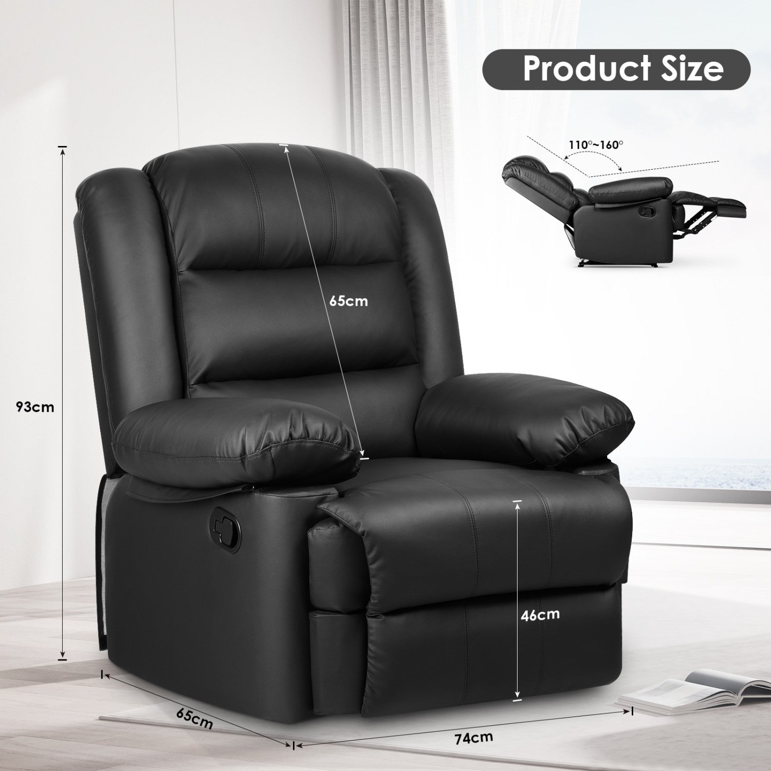 Armchair PU Leather Recliner Chair 110°-160° Manual Reclining Sofa with Padded Backrest Seat Retractable Footrest