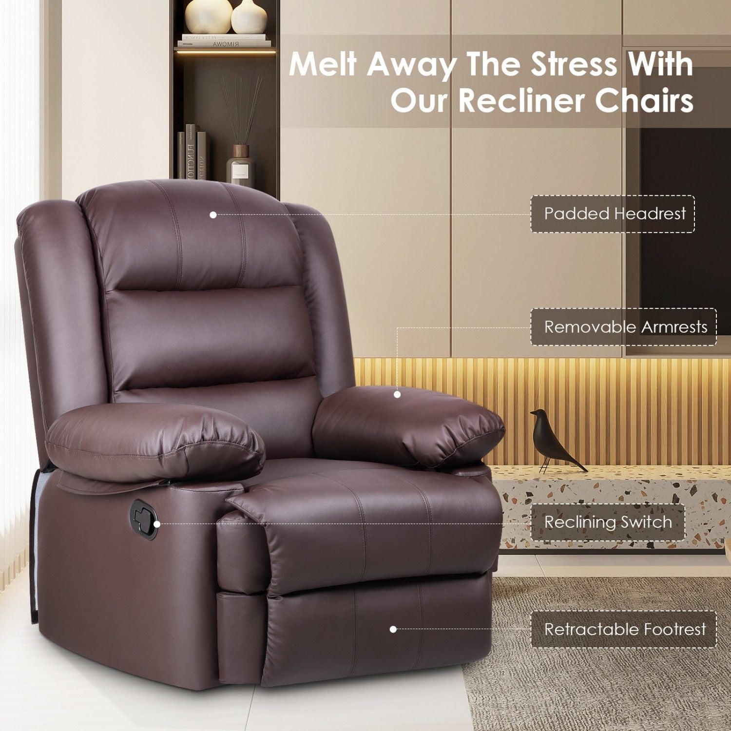 Armchair PU Leather Recliner Chair 110°-160° Manual Reclining Sofa with Padded Backrest Seat Retractable Footrest